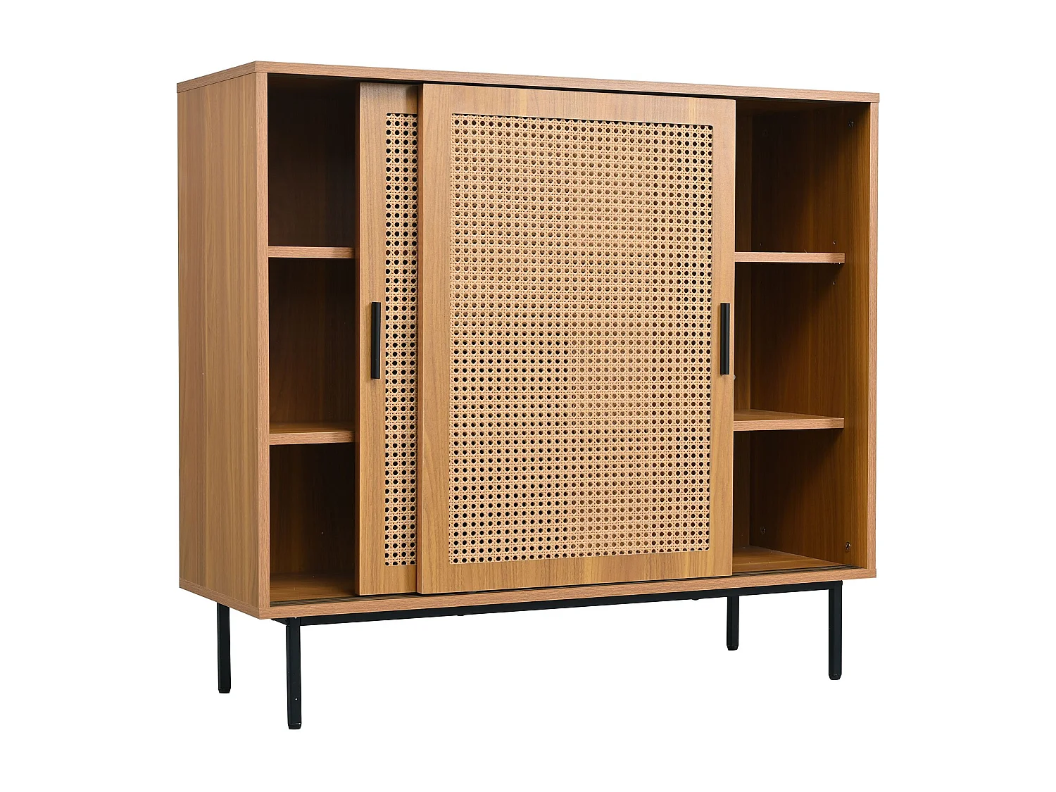 Naturalna komoda z 2 drzwiami z rattanu i regulowanymi półkami – czarne uchwyty i nogi