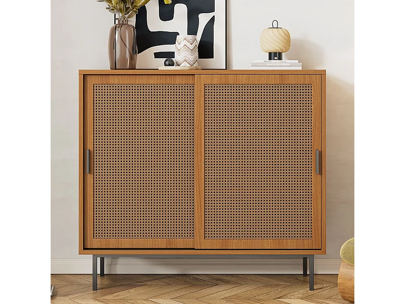 Naturalna komoda z 2 drzwiami z rattanu i regulowanymi półkami – czarne uchwyty i nogi