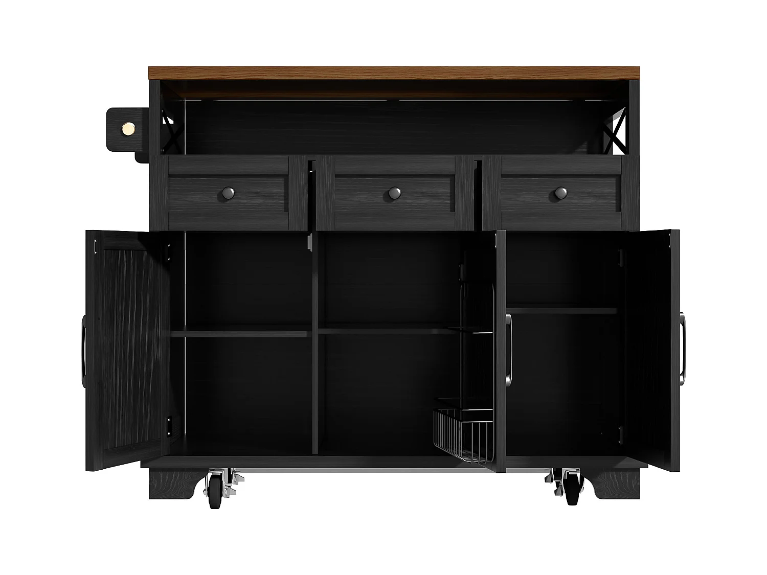 Îlot central noir avec comptoir en grain de bois, 3 tiroirs de rangement et 3 portes