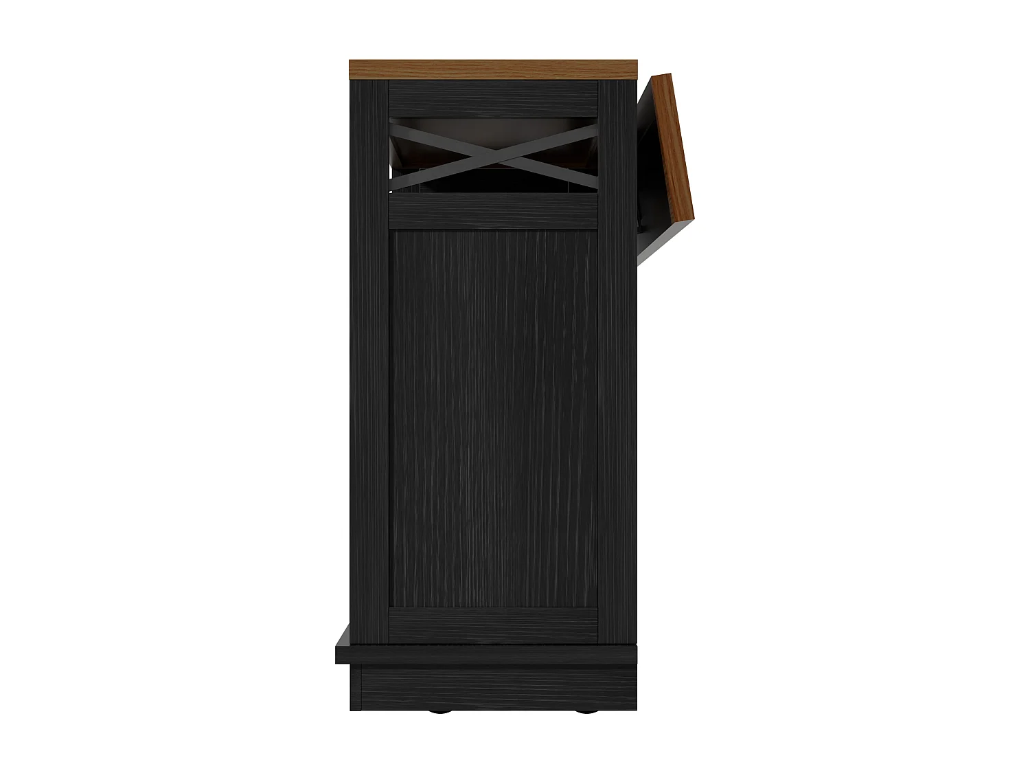 Zwart kookeiland met houtnerf bovenblad, 3 opberglades en 3 deuren