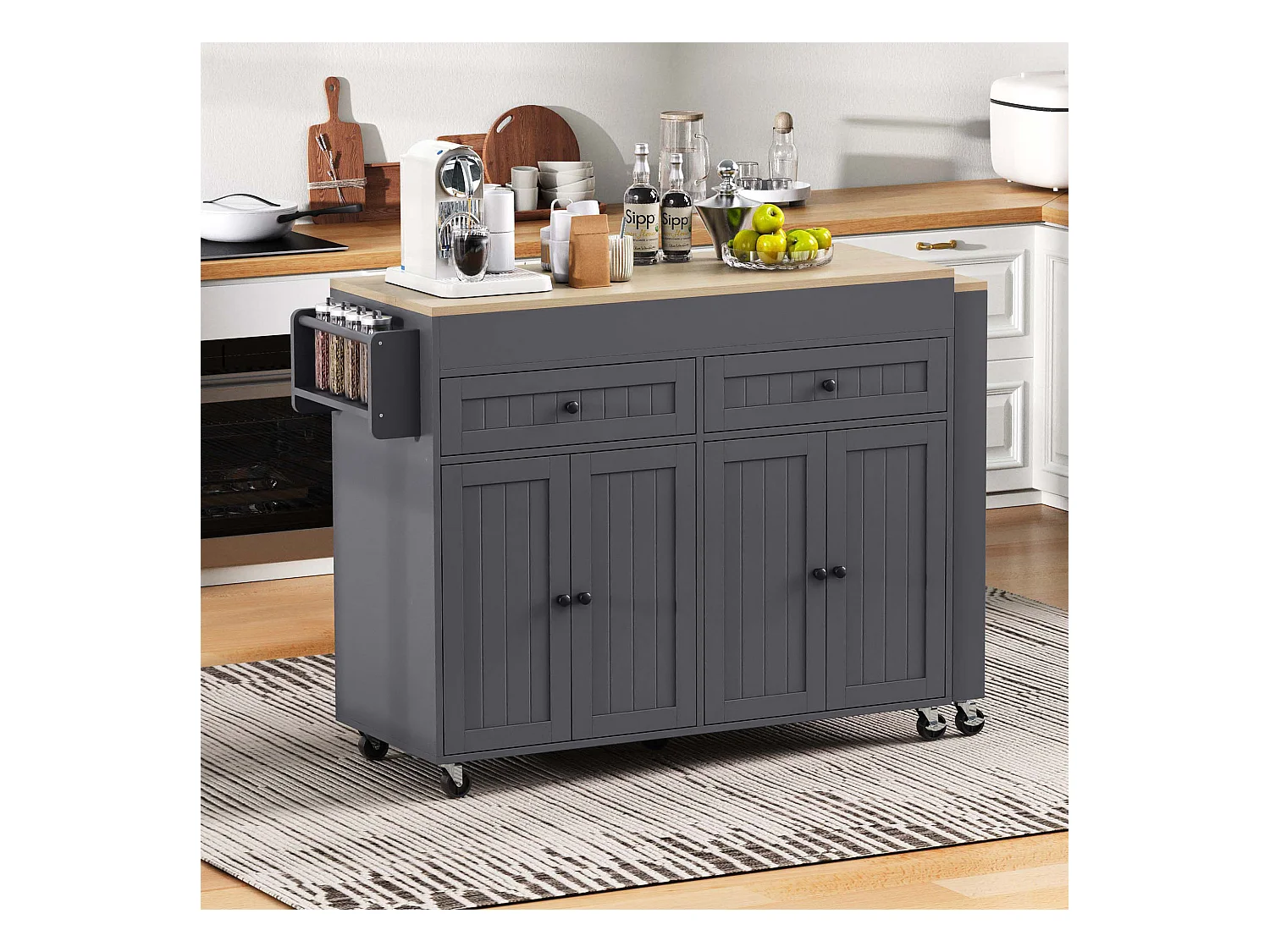 Îlot cuisine mobile avec plateau rétractable, 4 portes et 2 tiroirs de rangement - gris et naturel