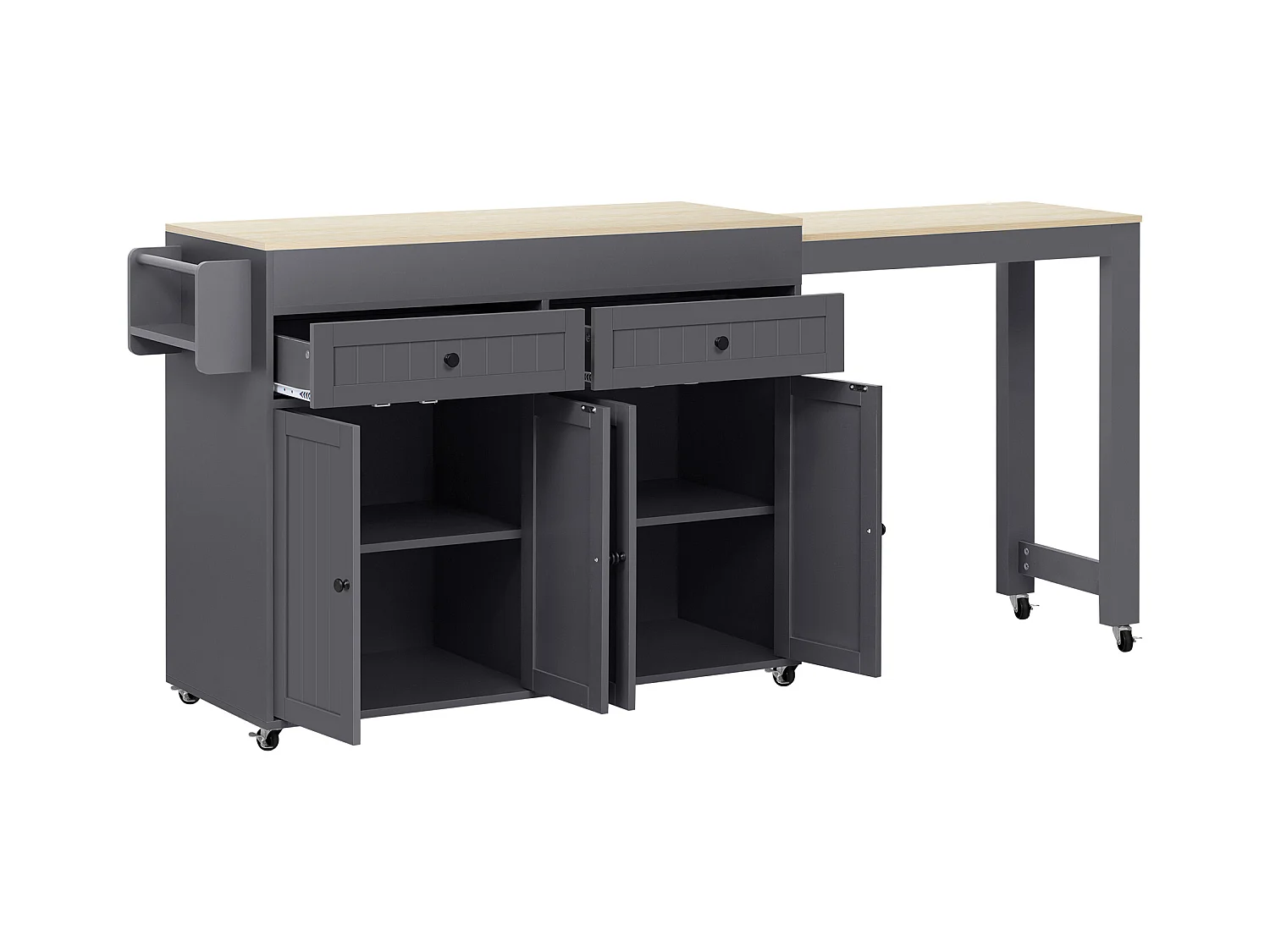 Îlot cuisine mobile avec plateau rétractable, 4 portes et 2 tiroirs de rangement - gris et naturel