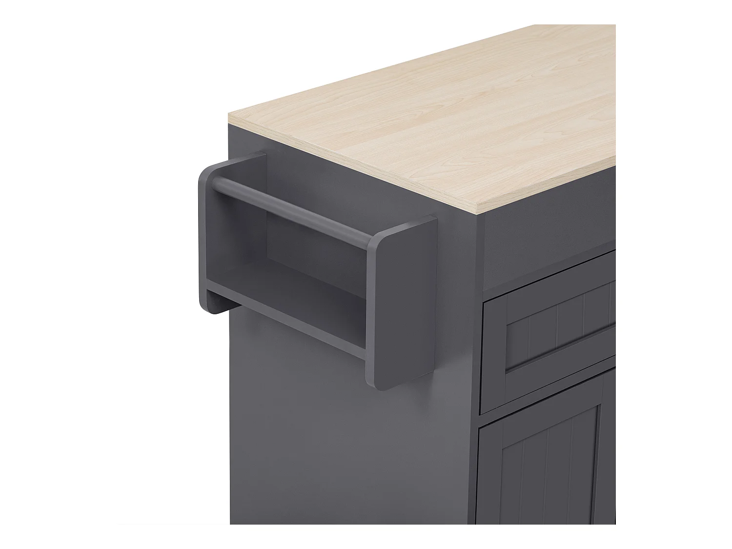 Îlot cuisine mobile avec plateau rétractable, 4 portes et 2 tiroirs de rangement - gris et naturel