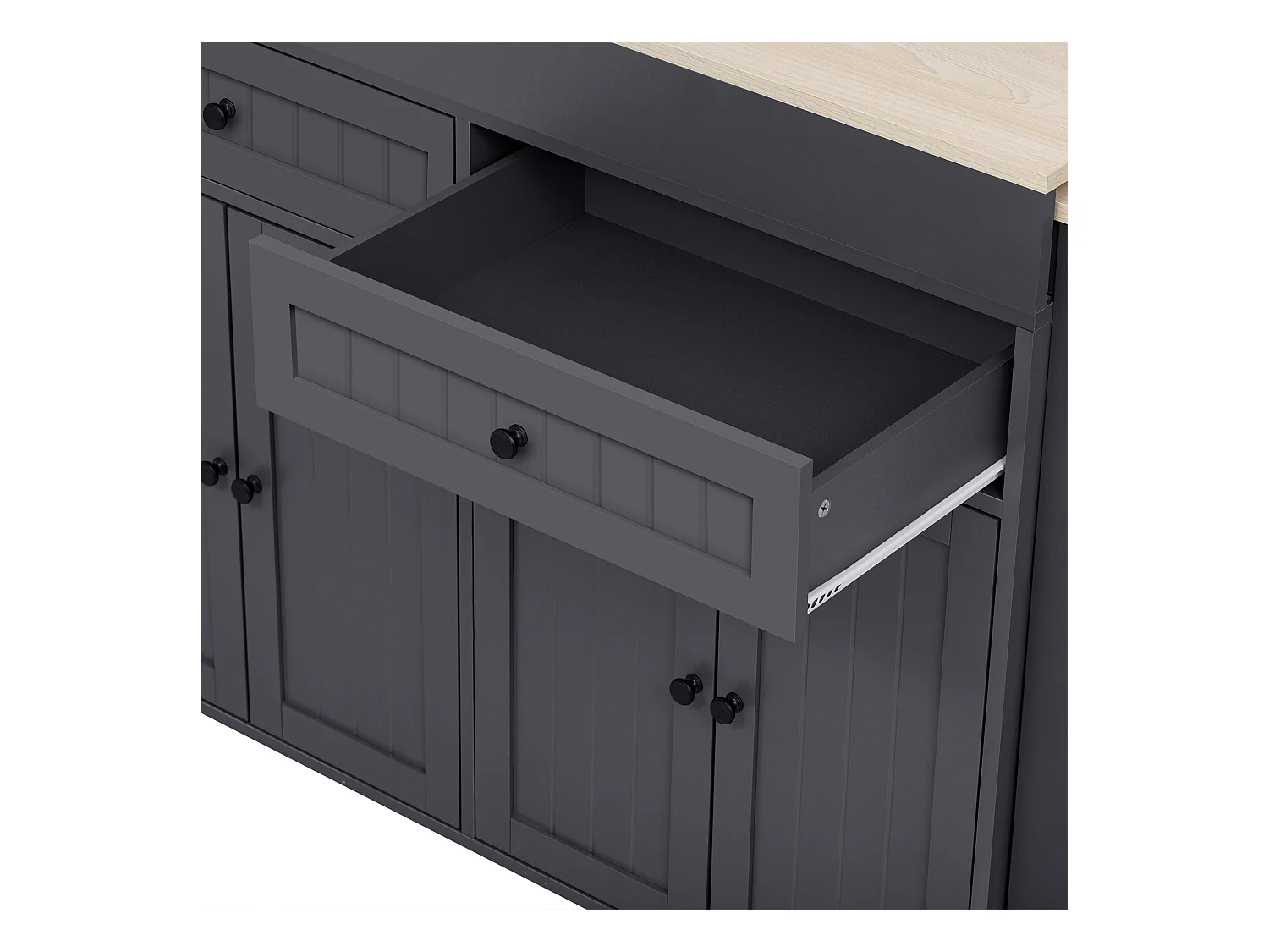 Îlot cuisine mobile avec plateau rétractable, 4 portes et 2 tiroirs de rangement - gris et naturel