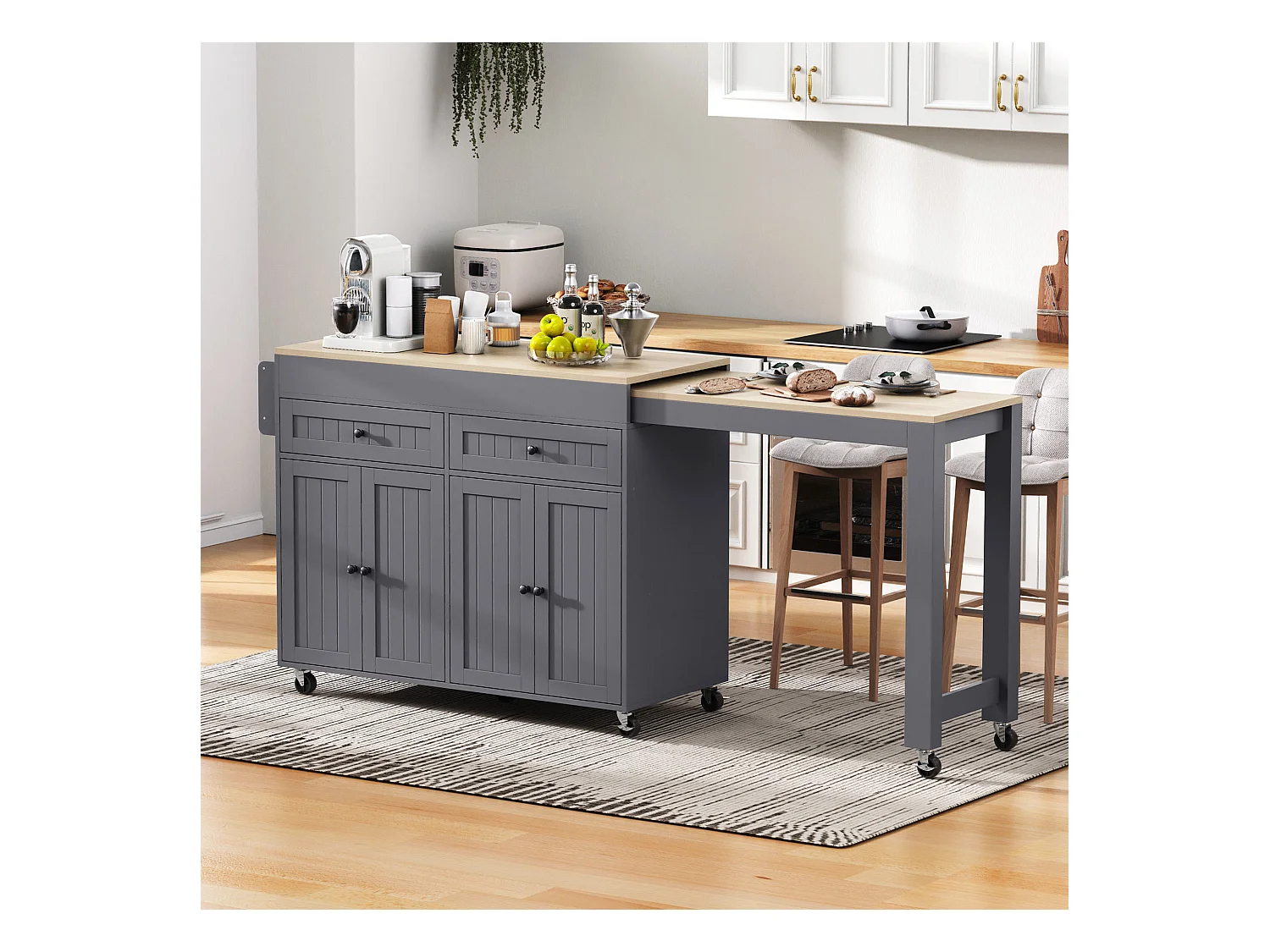 Îlot cuisine mobile avec plateau rétractable, 4 portes et 2 tiroirs de rangement - gris et naturel