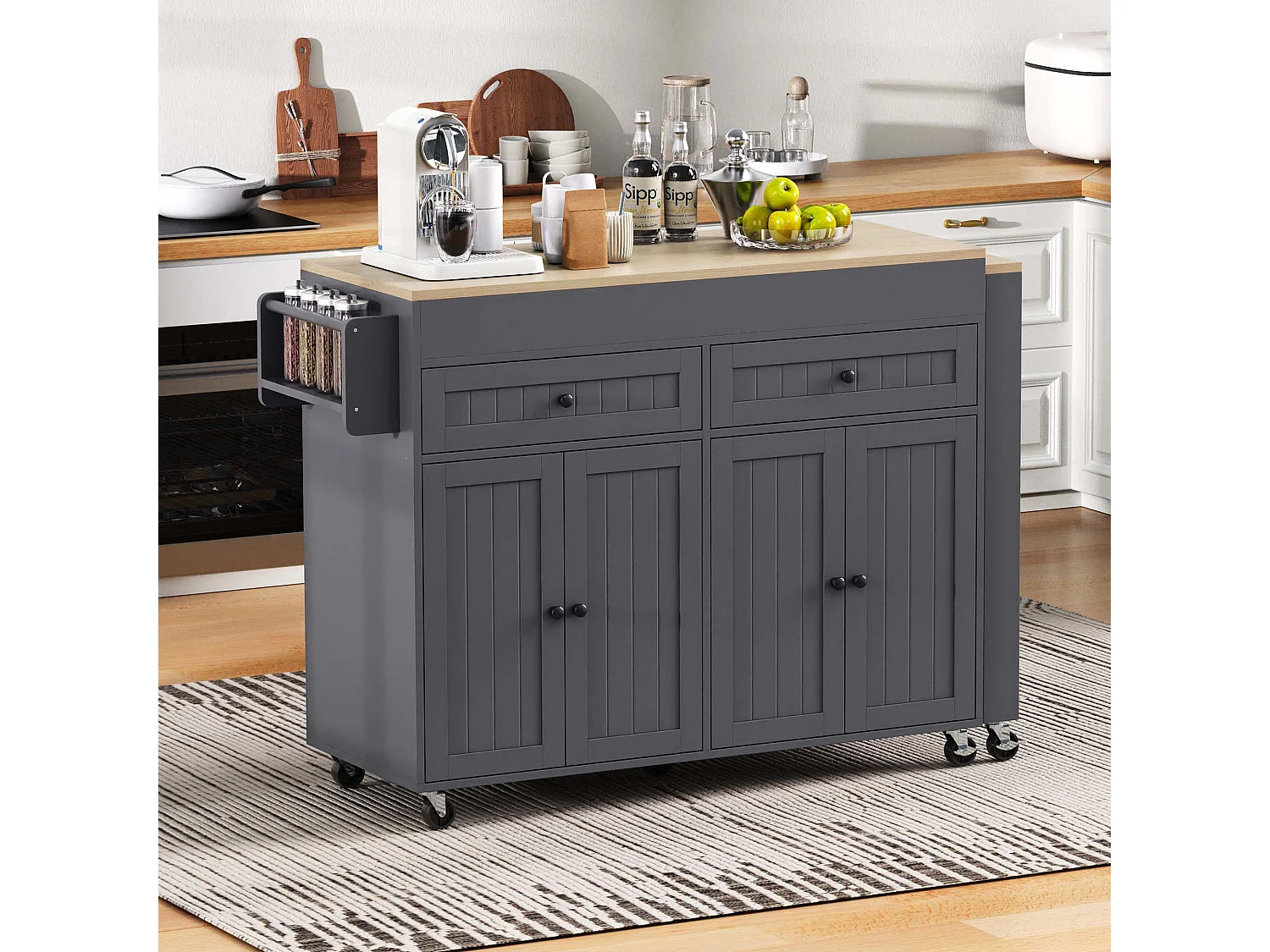 Îlot cuisine mobile avec plateau rétractable, 4 portes et 2 tiroirs de rangement - gris et naturel