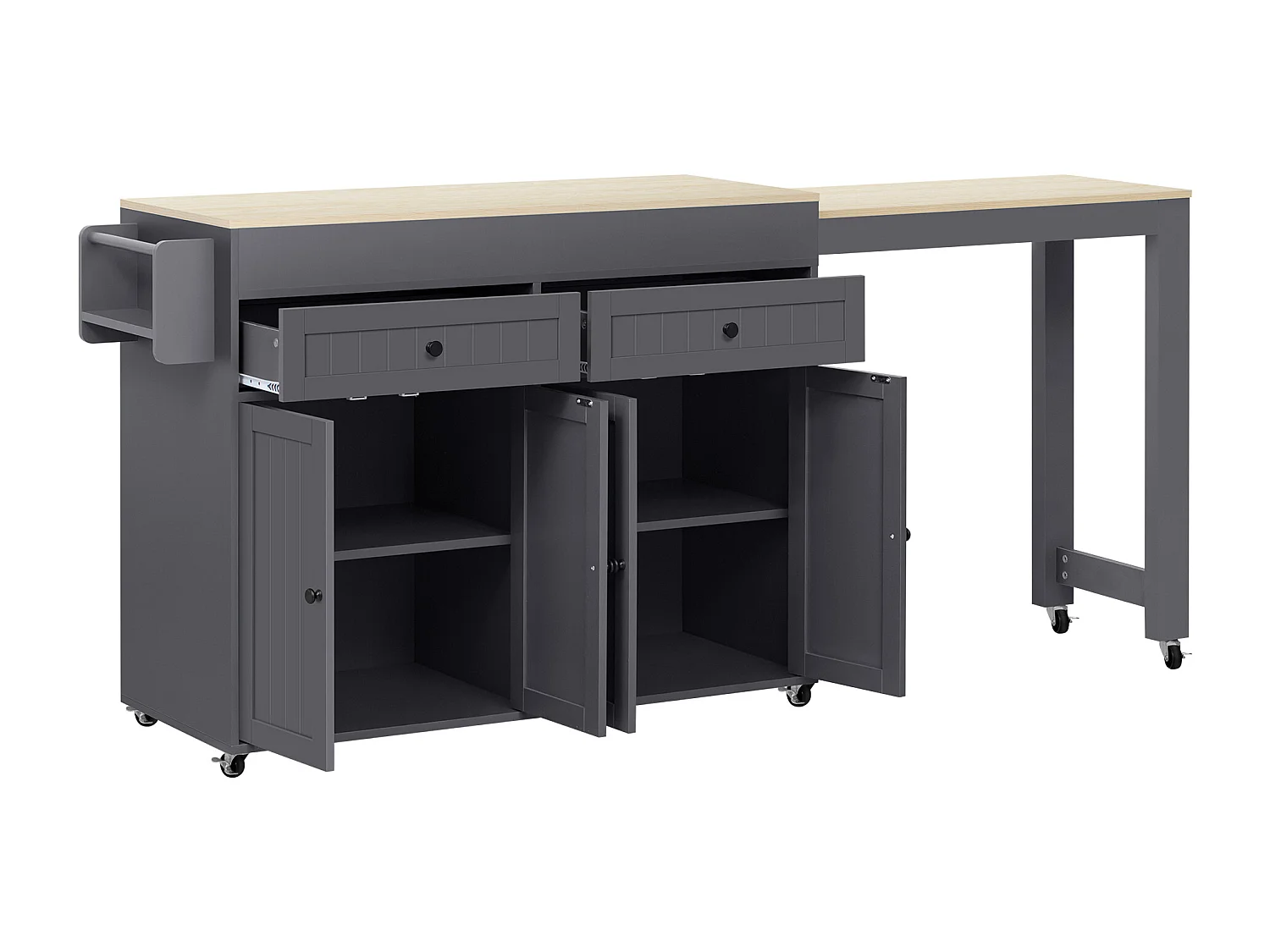 Îlot cuisine mobile avec plateau rétractable, 4 portes et 2 tiroirs de rangement - gris et naturel