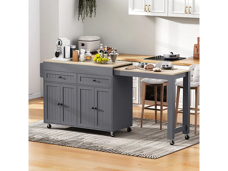 Îlot cuisine mobile avec plateau rétractable, 4 portes et 2 tiroirs de rangement - gris et naturel