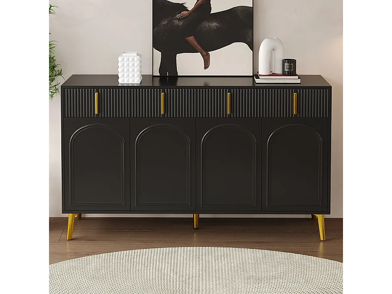 Credenza nera con 4 ante e 4 cassetti contenitori, maniglie e gambe dorate