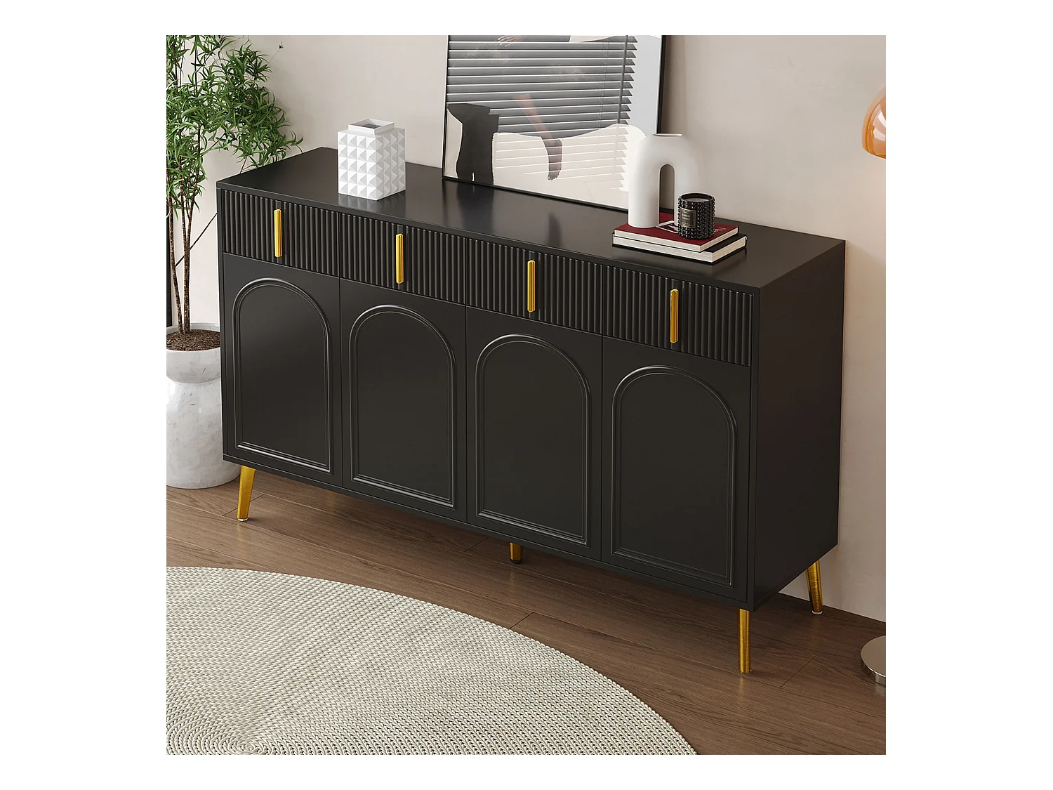 Buffet noir avec 4 portes et 4 tiroirs de rangement, poignées et pieds dorés