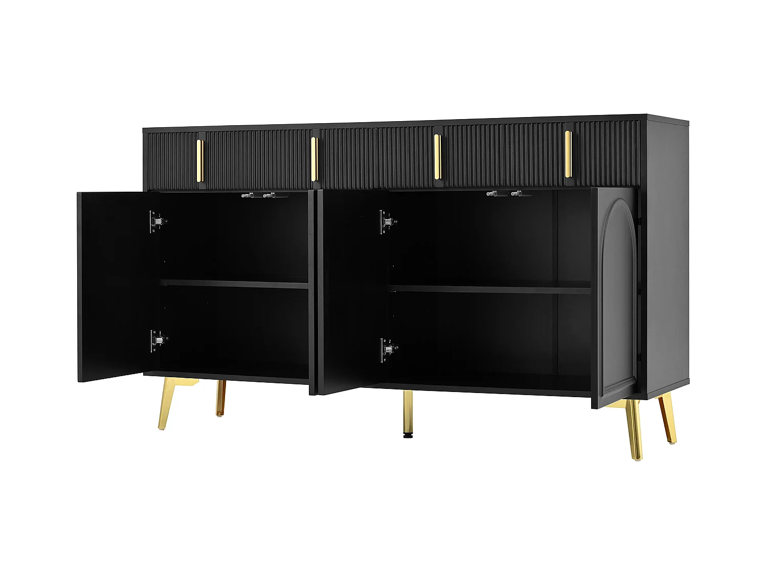 Buffet noir avec 4 portes et 4 tiroirs de rangement, poignées et pieds dorés