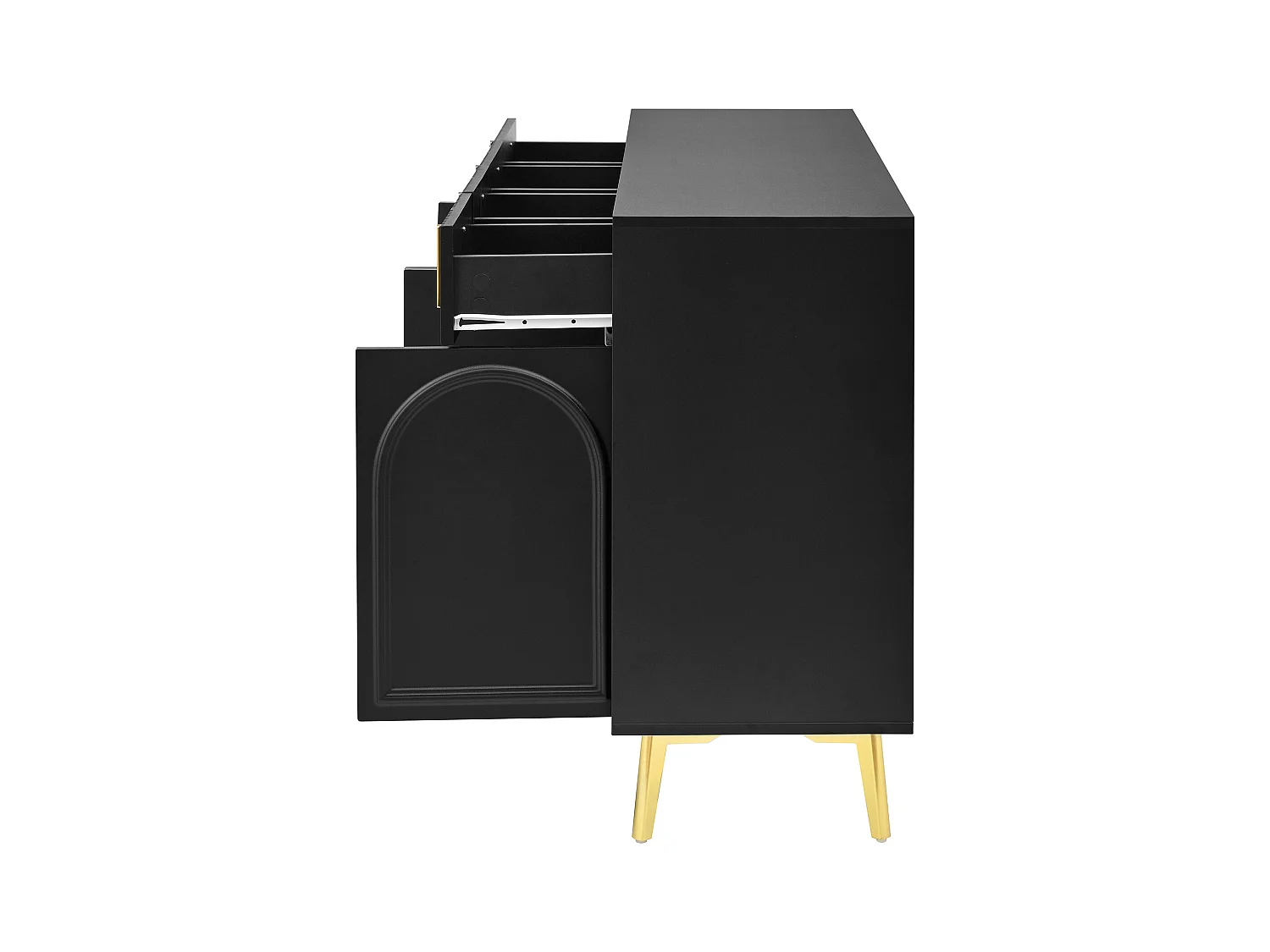 Buffet noir avec 4 portes et 4 tiroirs de rangement, poignées et pieds dorés