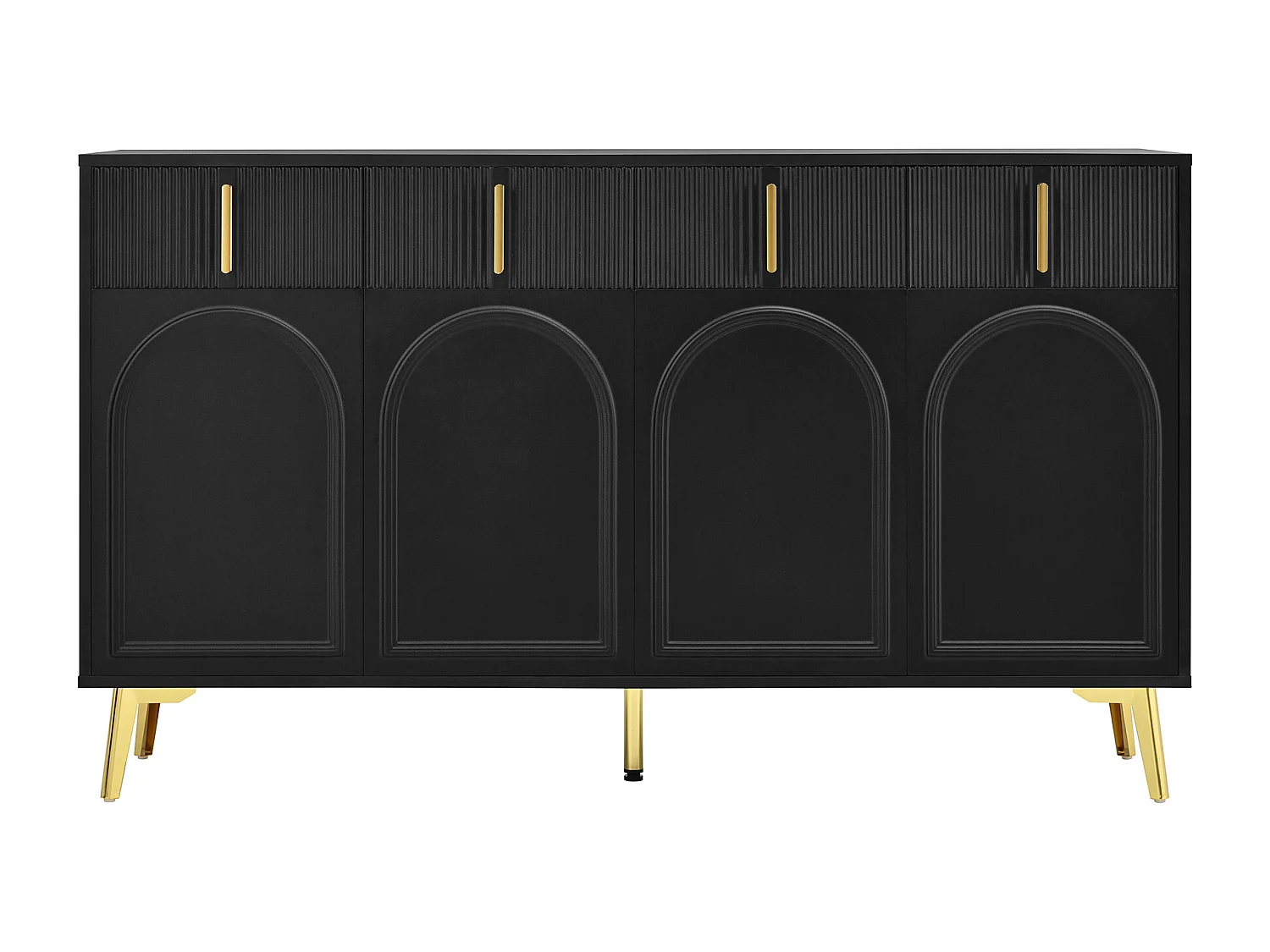 Buffet noir avec 4 portes et 4 tiroirs de rangement, poignées et pieds dorés