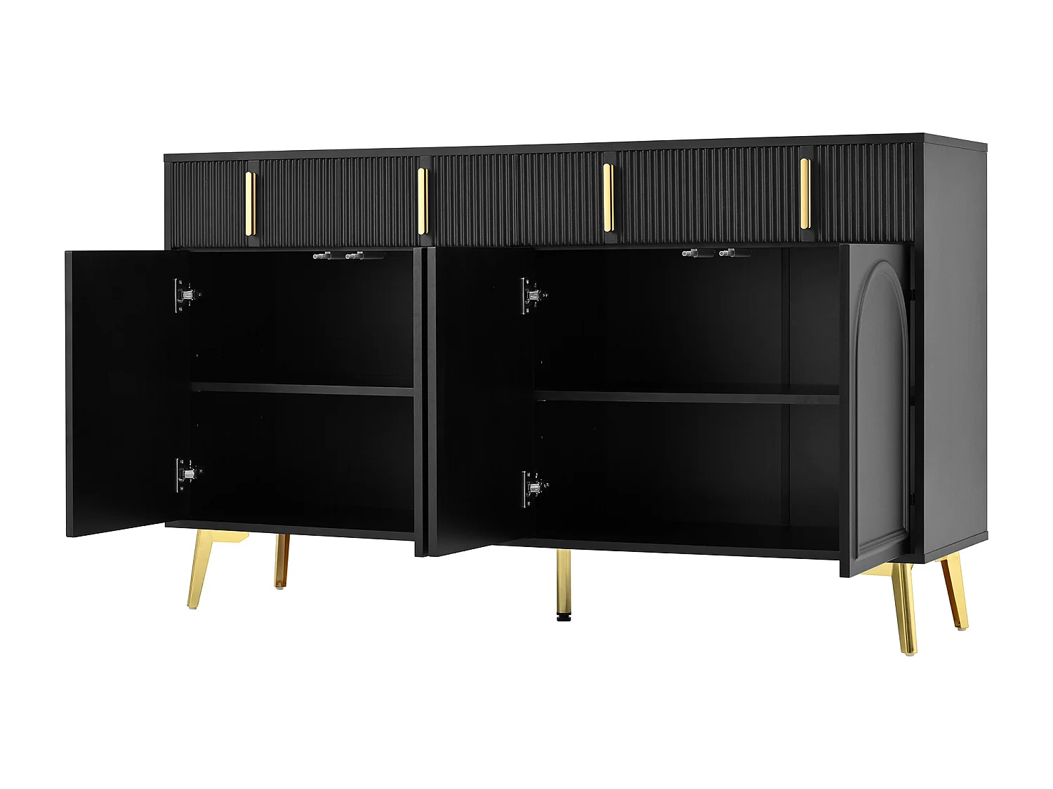 Buffet noir avec 4 portes et 4 tiroirs de rangement, poignées et pieds dorés