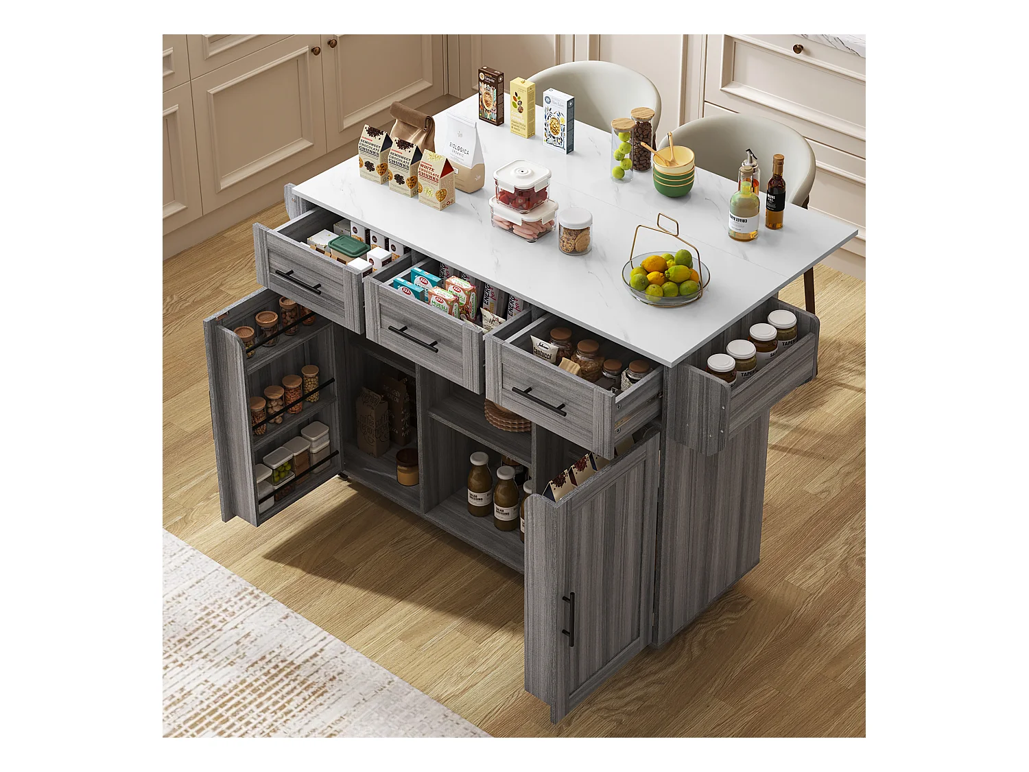 Desserte grise avec plateau en MDF, 3 tiroirs et 2 portes - pour salles à manger et cuisines