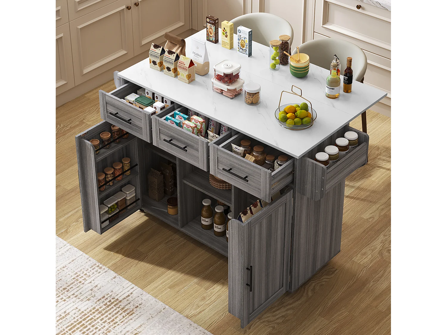 Desserte grise avec plateau en MDF, 3 tiroirs et 2 portes - pour salles à manger et cuisines