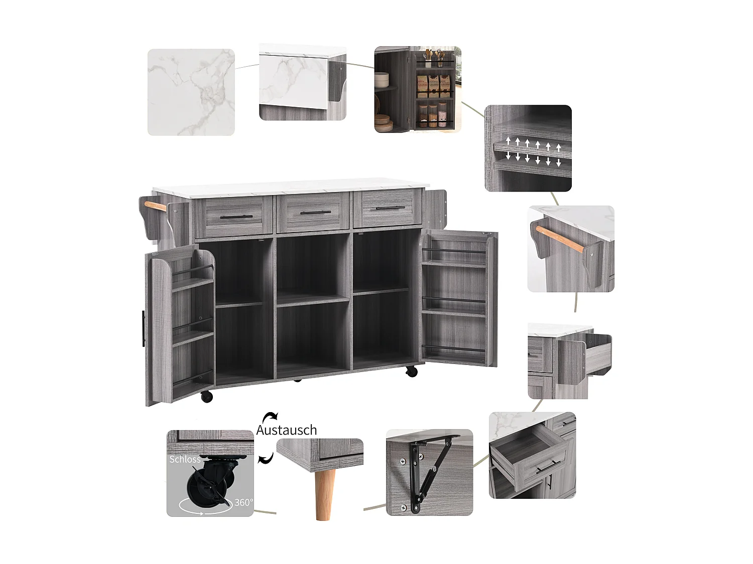 Desserte grise avec plateau en MDF, 3 tiroirs et 2 portes - pour salles à manger et cuisines
