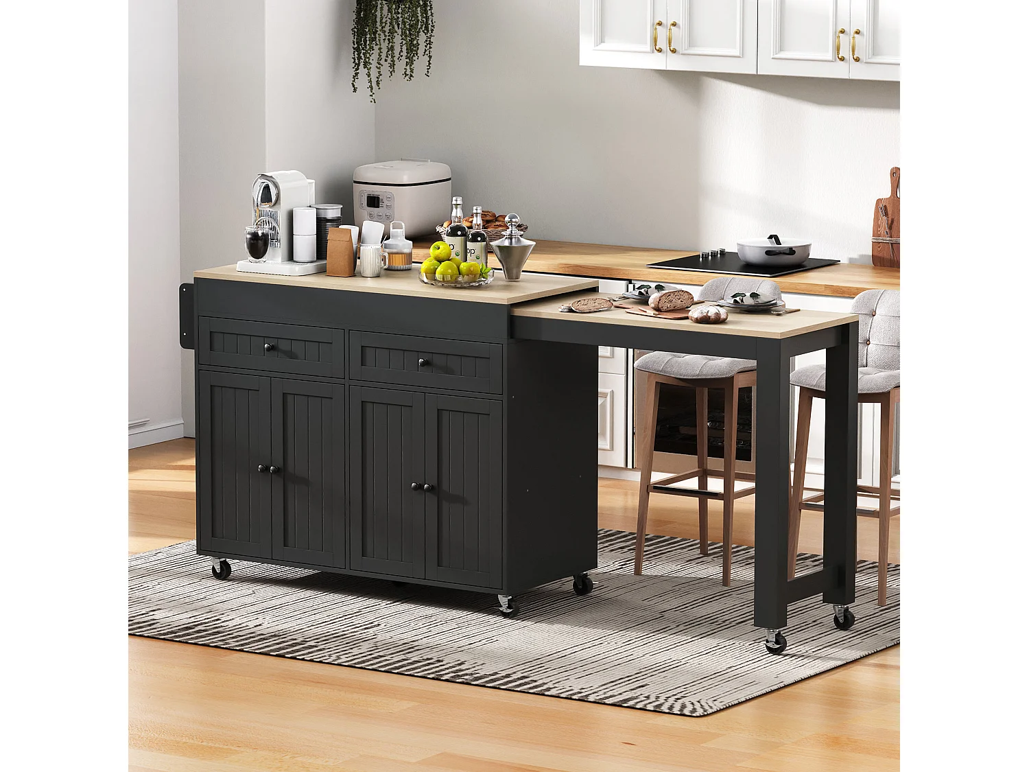 Îlot cuisine mobile avec plateau rétractable, 4 portes et 2 tiroirs de rangement - noir et naturel