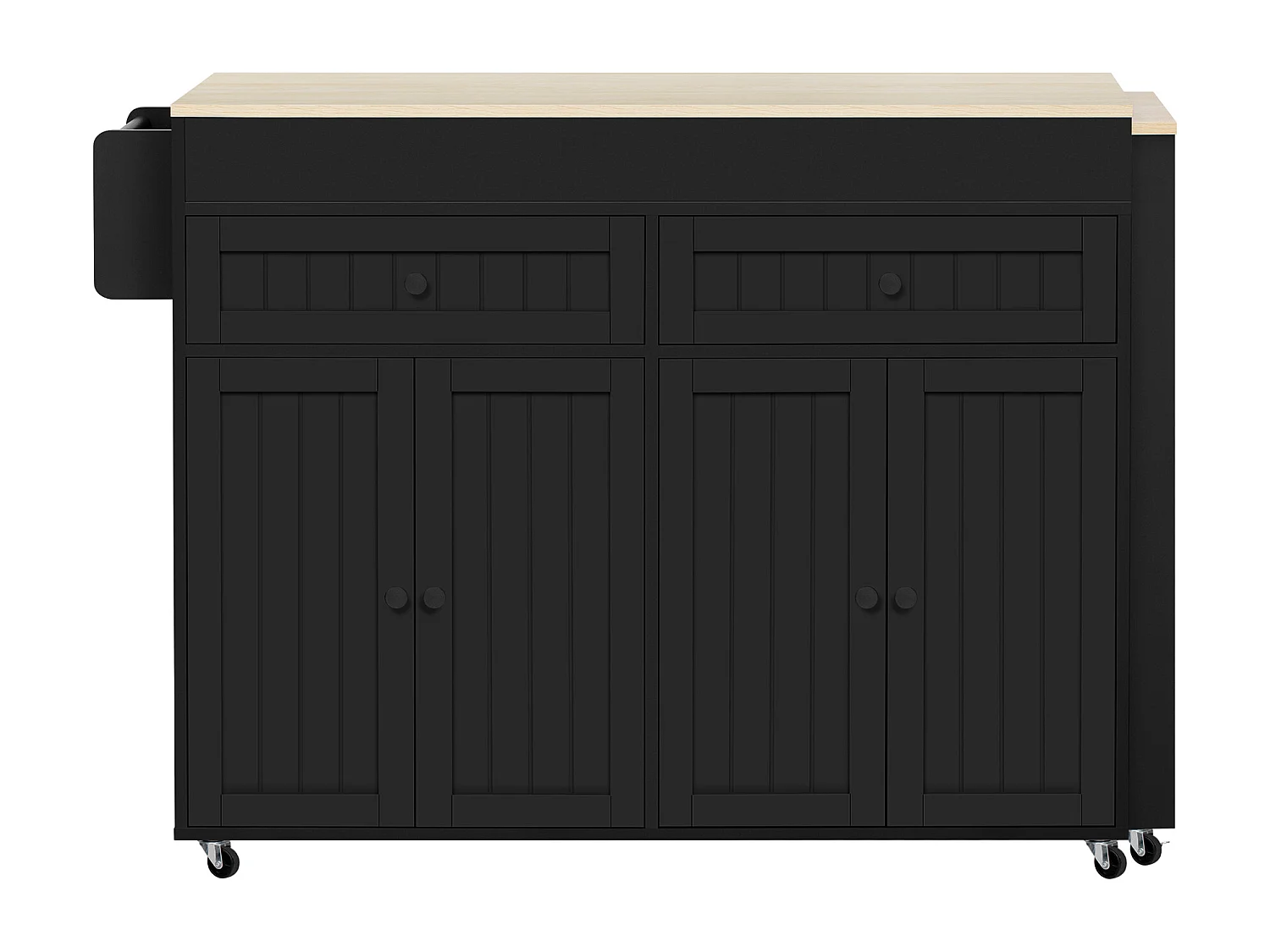 Îlot cuisine mobile avec plateau rétractable, 4 portes et 2 tiroirs de rangement - noir et naturel