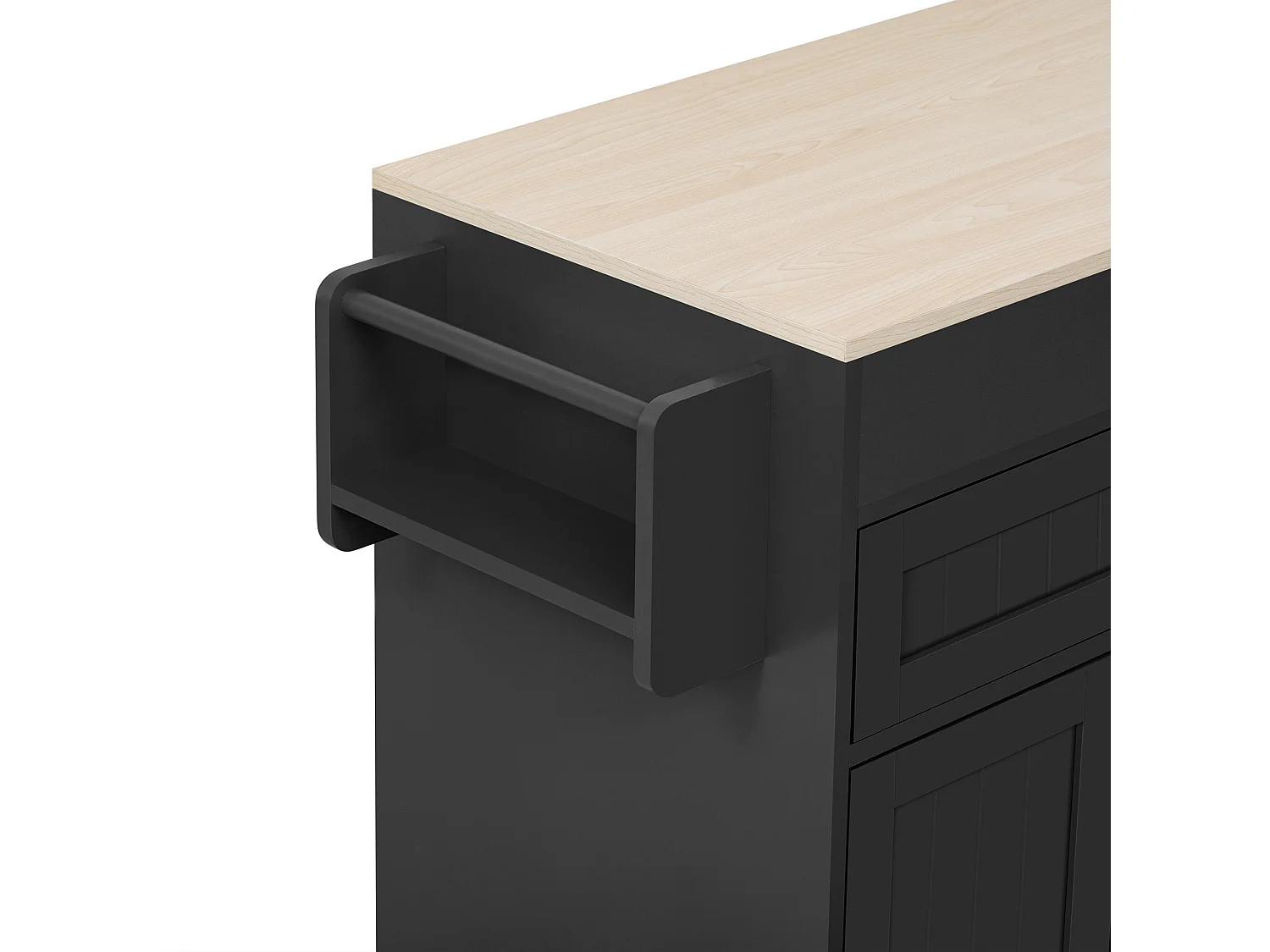 Îlot cuisine mobile avec plateau rétractable, 4 portes et 2 tiroirs de rangement - noir et naturel