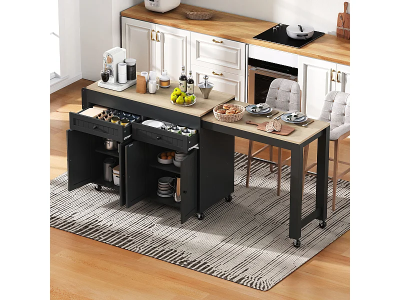 Îlot cuisine mobile avec plateau rétractable, 4 portes et 2 tiroirs de rangement - noir et naturel
