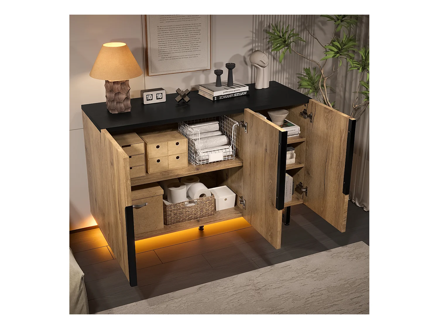 Buffet naturel avec pieds et étagères réglables, éclairage LED - plateau et poignées noirs