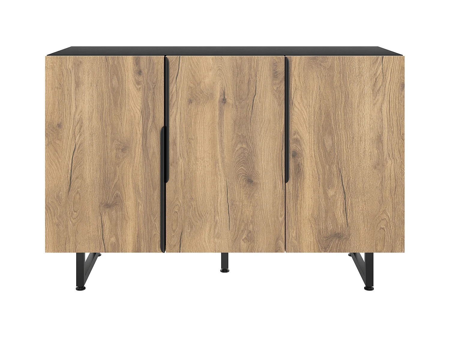 Buffet naturel avec pieds et étagères réglables, éclairage LED - plateau et poignées noirs