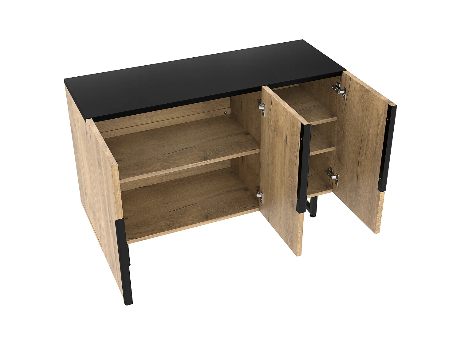 Buffet naturel avec pieds et étagères réglables, éclairage LED - plateau et poignées noirs