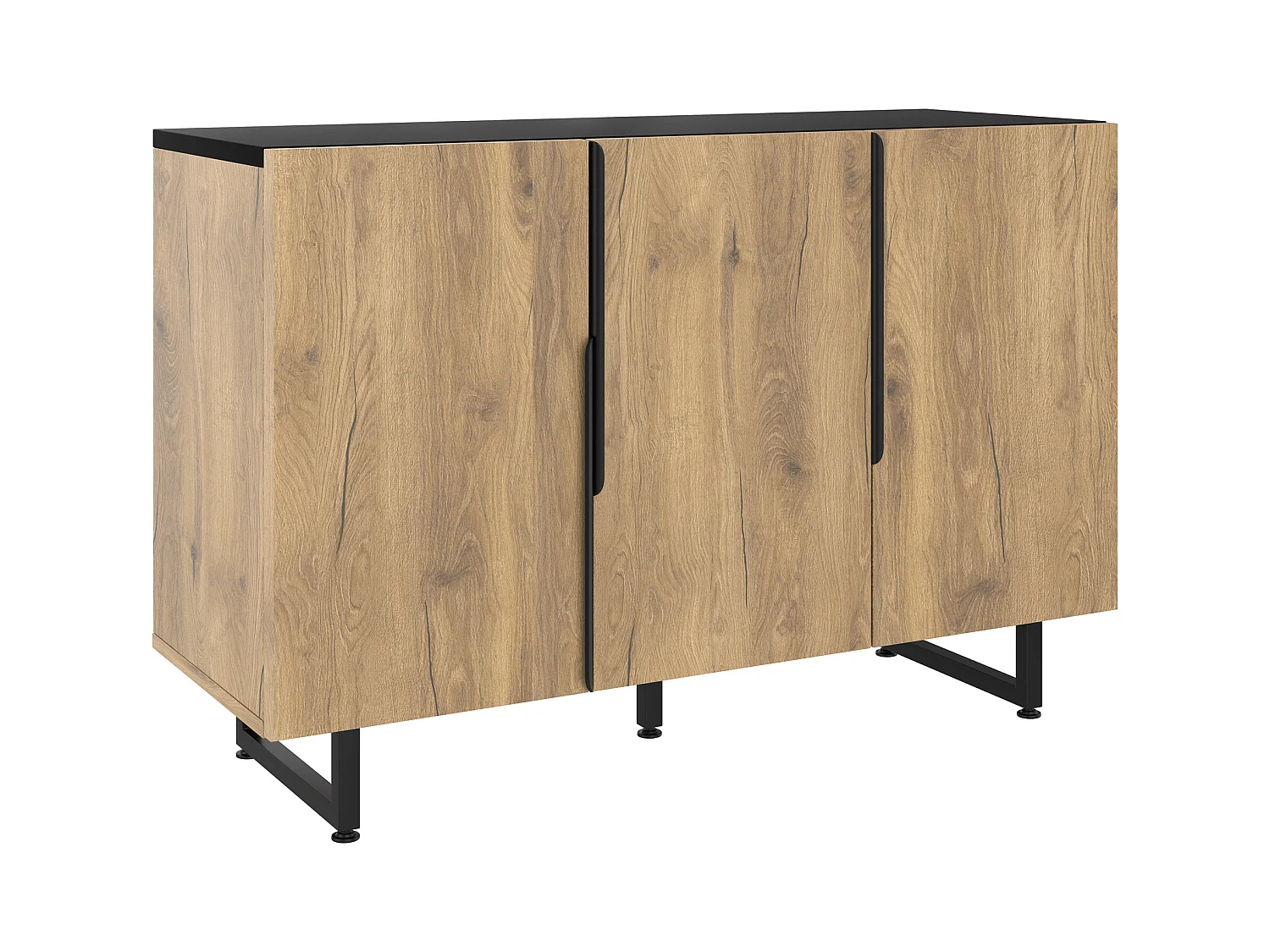 Buffet naturel avec pieds et étagères réglables, éclairage LED - plateau et poignées noirs