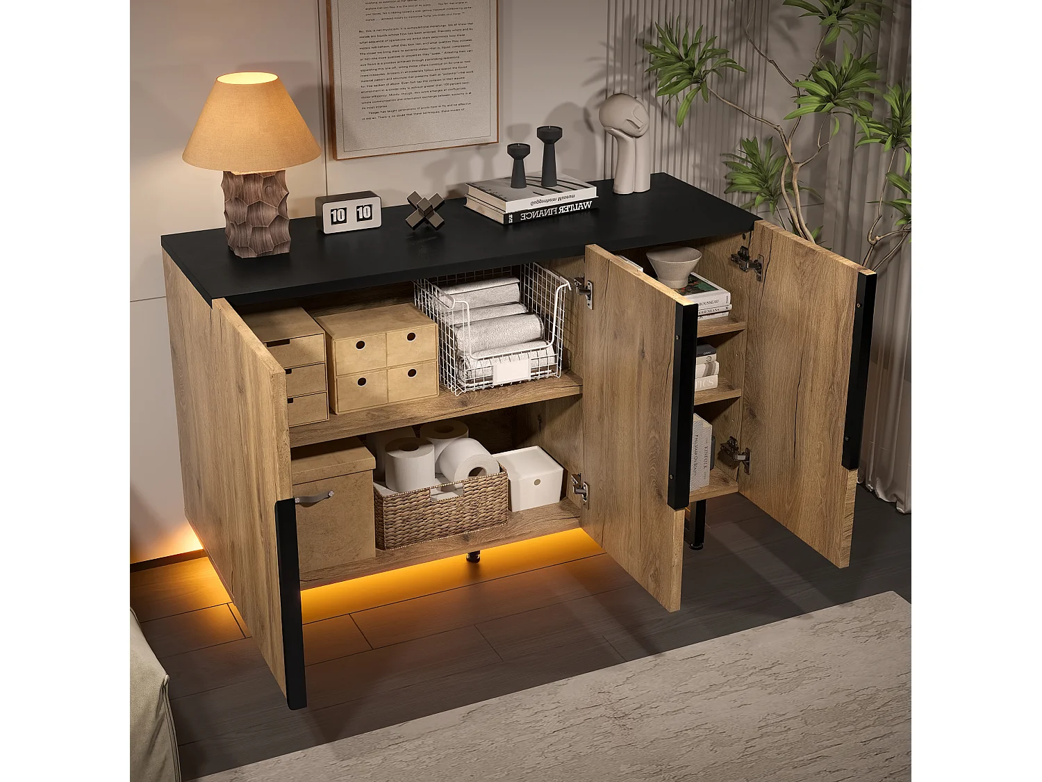 Natuurlijk dressoir met verstelbare poten en verstelbare planken, LED-verlichting - zwarte handgrepen