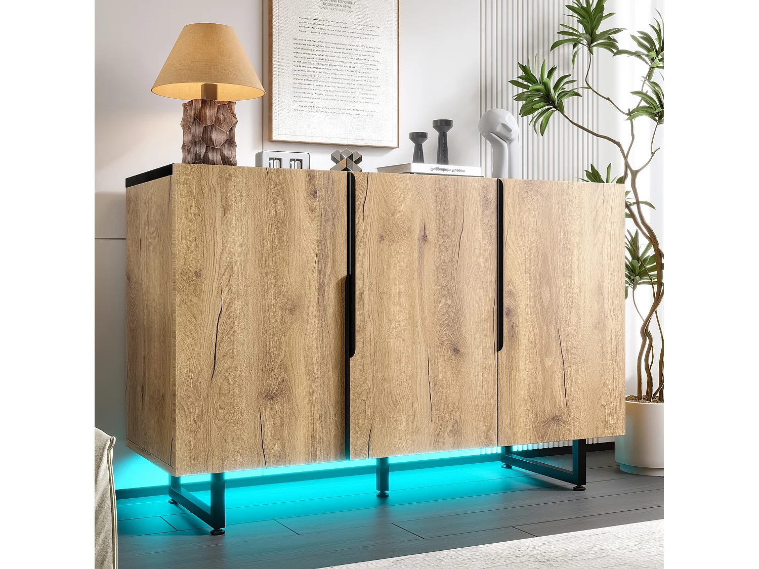 Natuurlijk dressoir met verstelbare poten en verstelbare planken, LED-verlichting - zwarte handgrepen