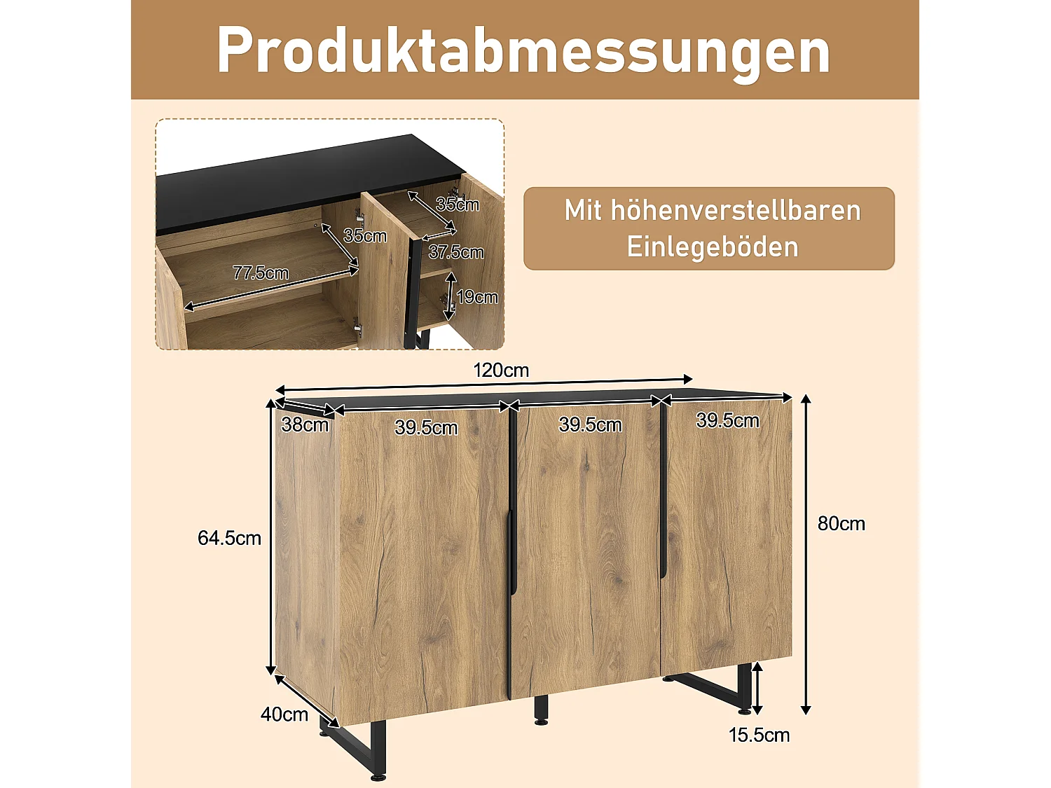 Natuurlijk dressoir met verstelbare poten en verstelbare planken, LED-verlichting - zwarte handgrepen