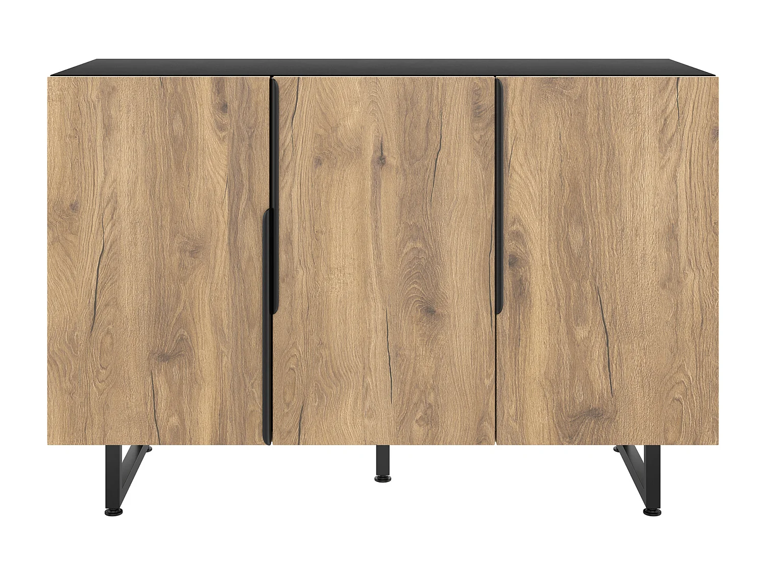 Natuurlijk dressoir met verstelbare poten en verstelbare planken, LED-verlichting - zwarte handgrepen