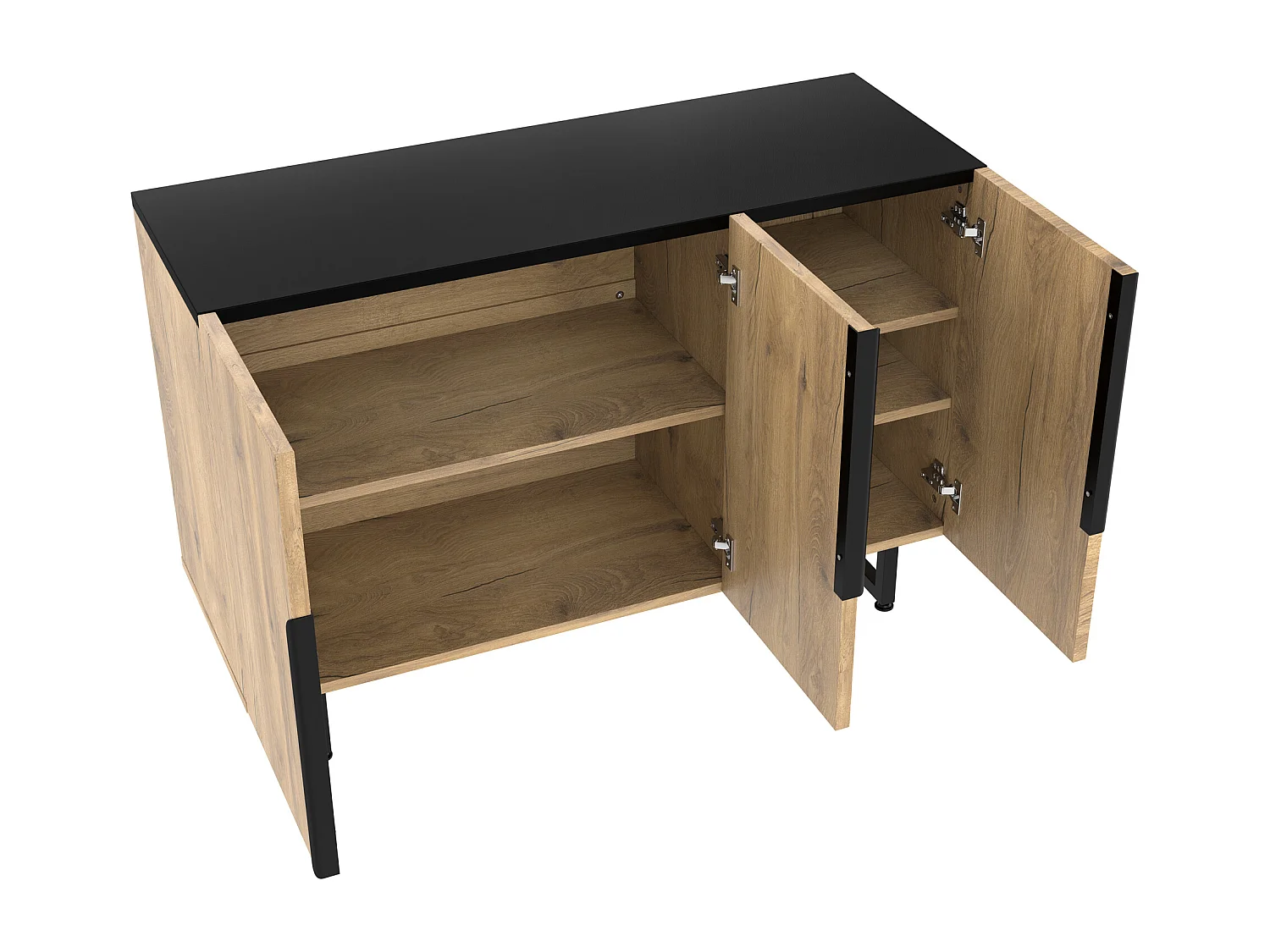 Natuurlijk dressoir met verstelbare poten en verstelbare planken, LED-verlichting - zwarte handgrepen