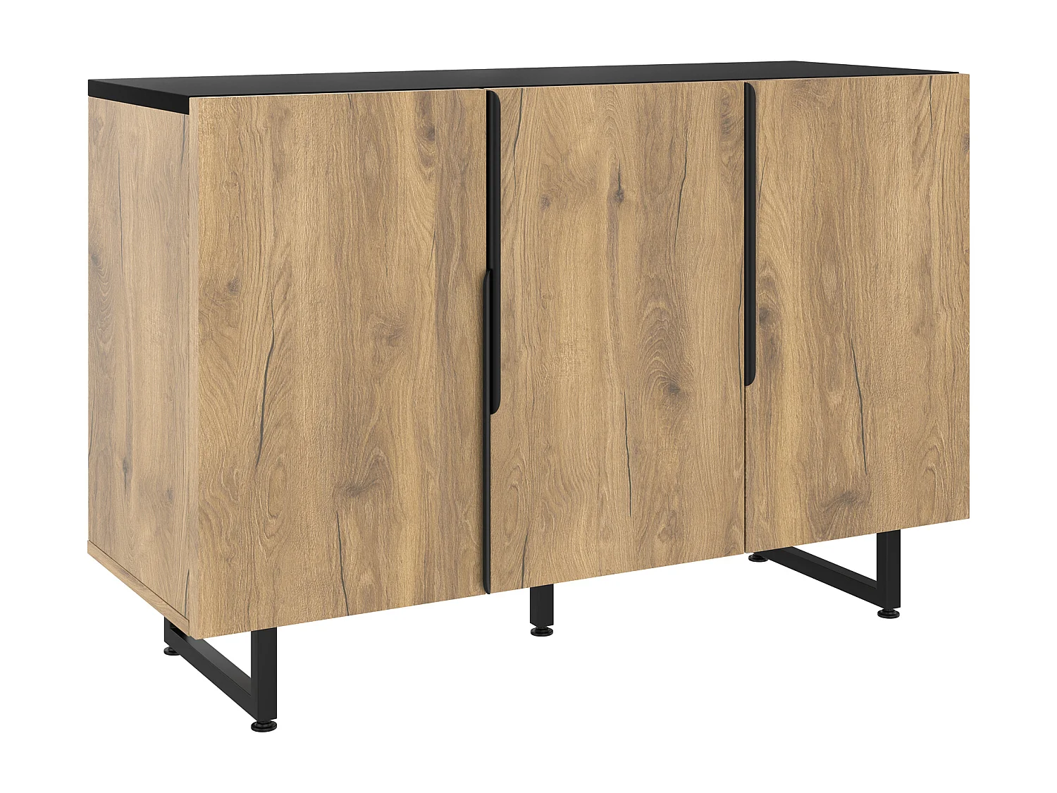 Natuurlijk dressoir met verstelbare poten en verstelbare planken, LED-verlichting - zwarte handgrepen