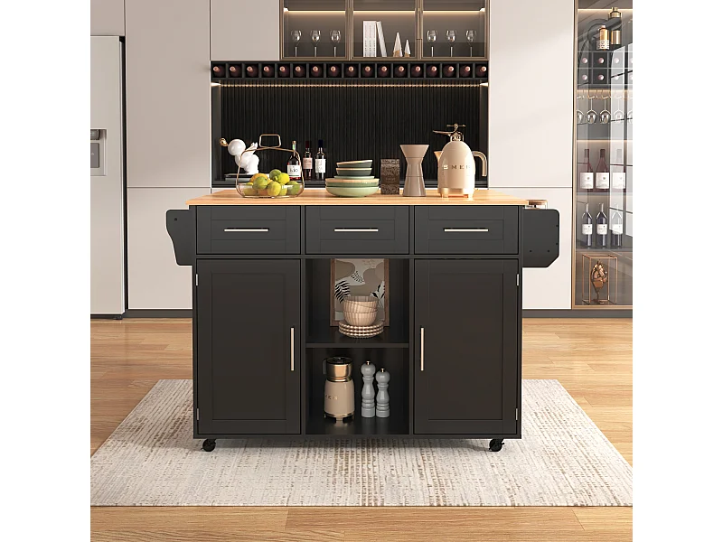 Desserte noire avec plateau en bois, 3 tiroirs et 2 portes - pour salle à manger et cuisine