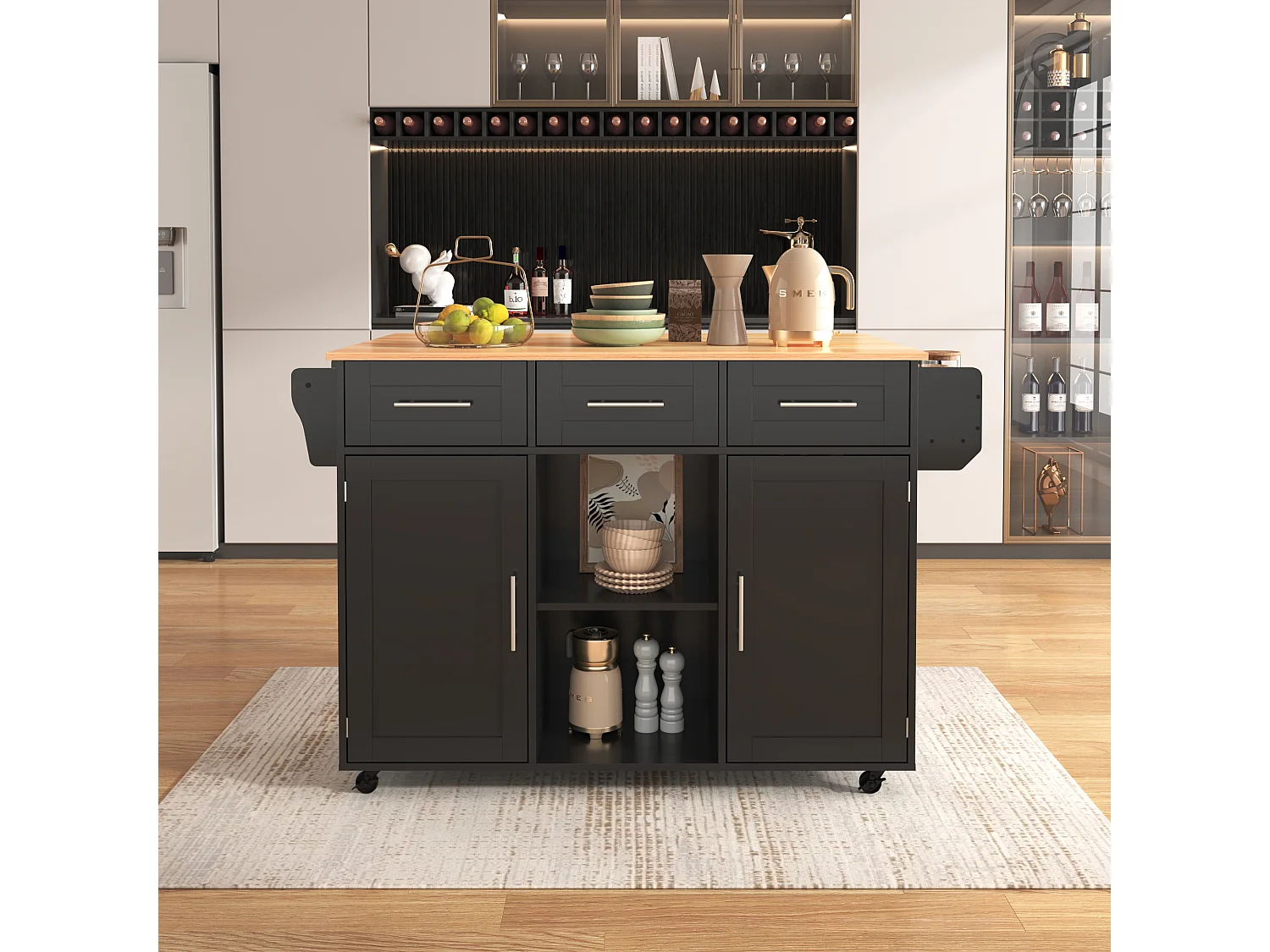 Desserte noire avec plateau en bois, 3 tiroirs et 2 portes - pour salle à manger et cuisine