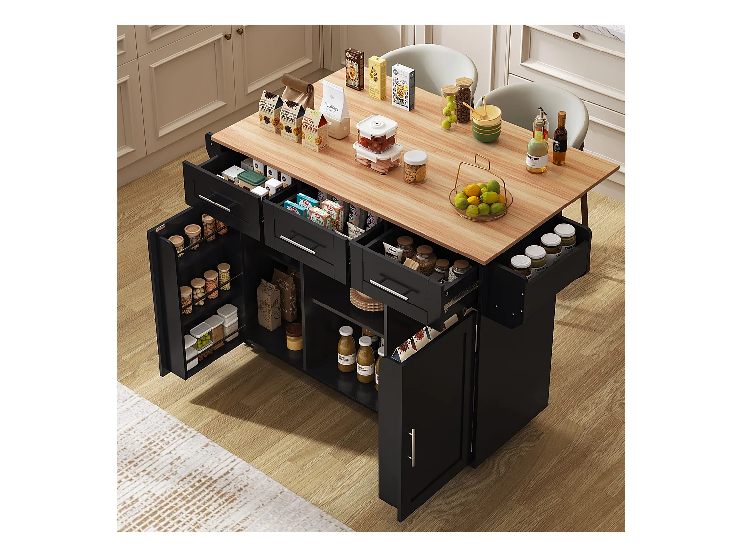 Desserte noire avec plateau en bois, 3 tiroirs et 2 portes - pour salle à manger et cuisine