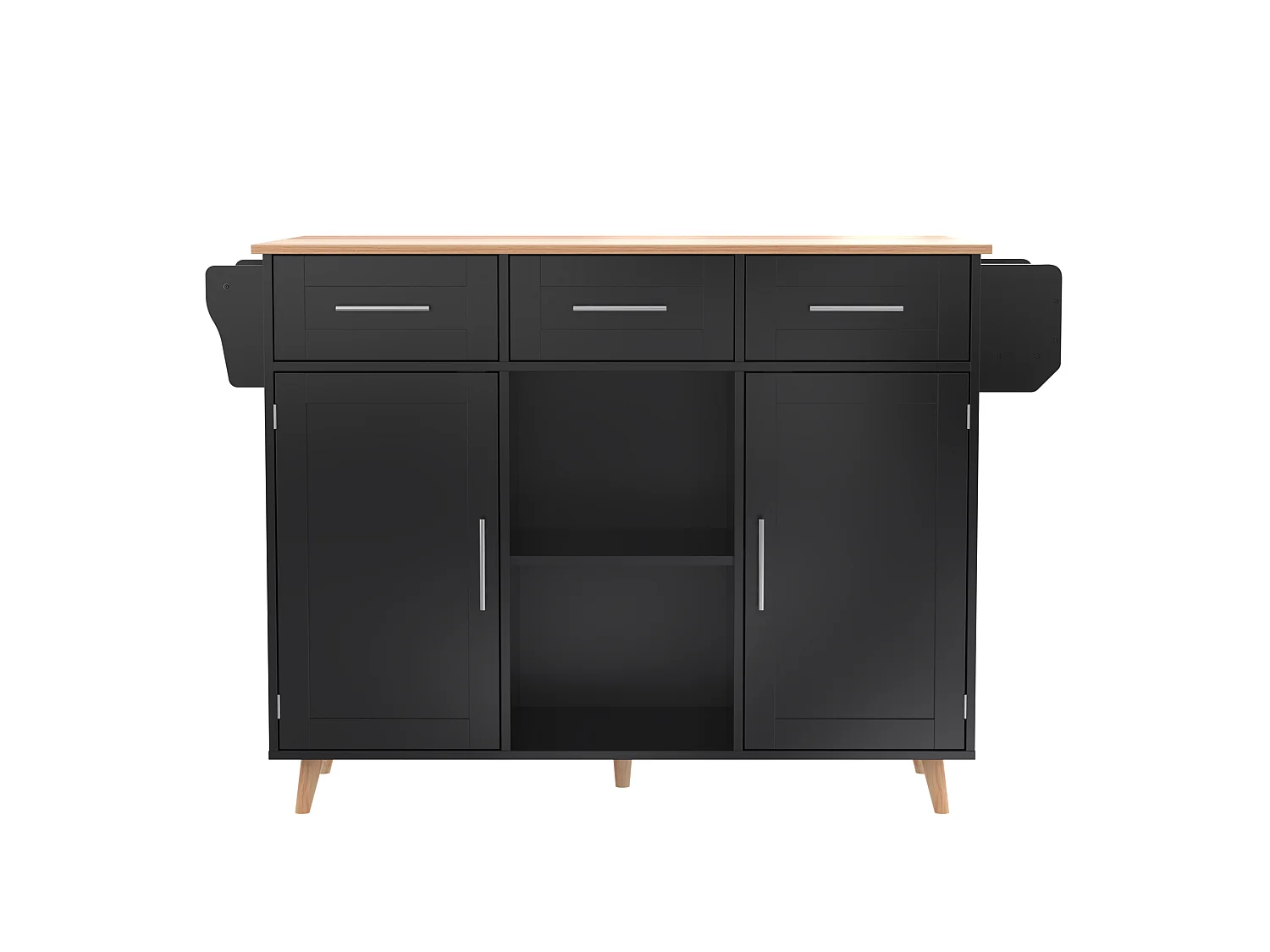 Desserte noire avec plateau en bois, 3 tiroirs et 2 portes - pour salle à manger et cuisine