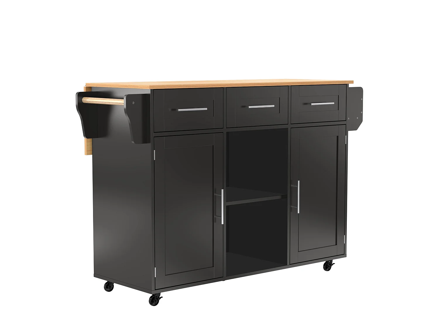 Desserte noire avec plateau en bois, 3 tiroirs et 2 portes - pour salle à manger et cuisine