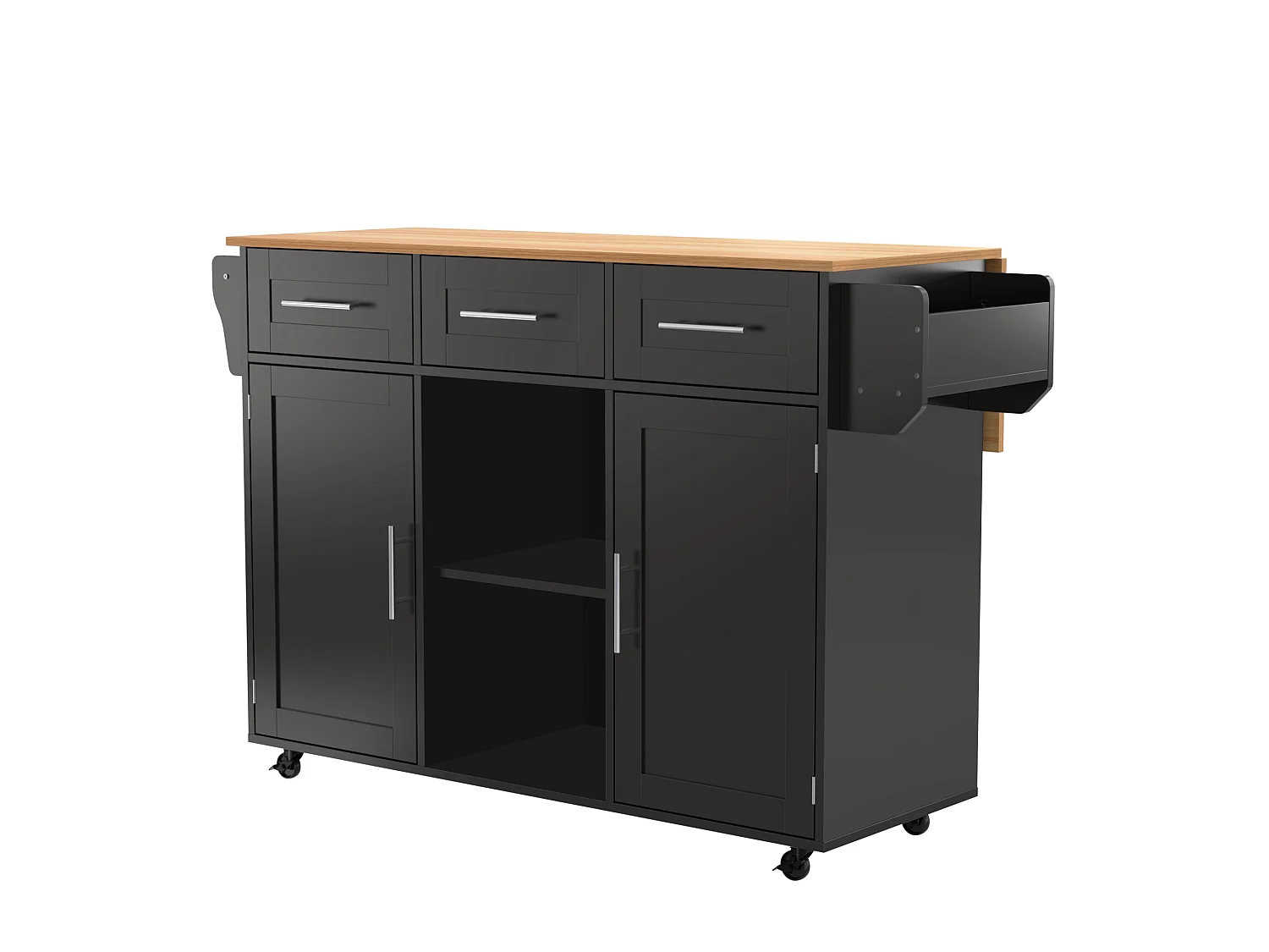 Desserte noire avec plateau en bois, 3 tiroirs et 2 portes - pour salle à manger et cuisine