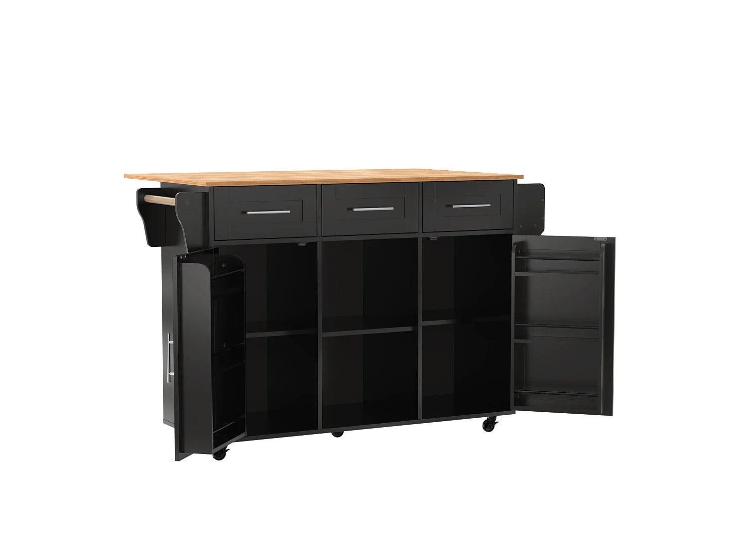 Desserte noire avec plateau en bois, 3 tiroirs et 2 portes - pour salle à manger et cuisine