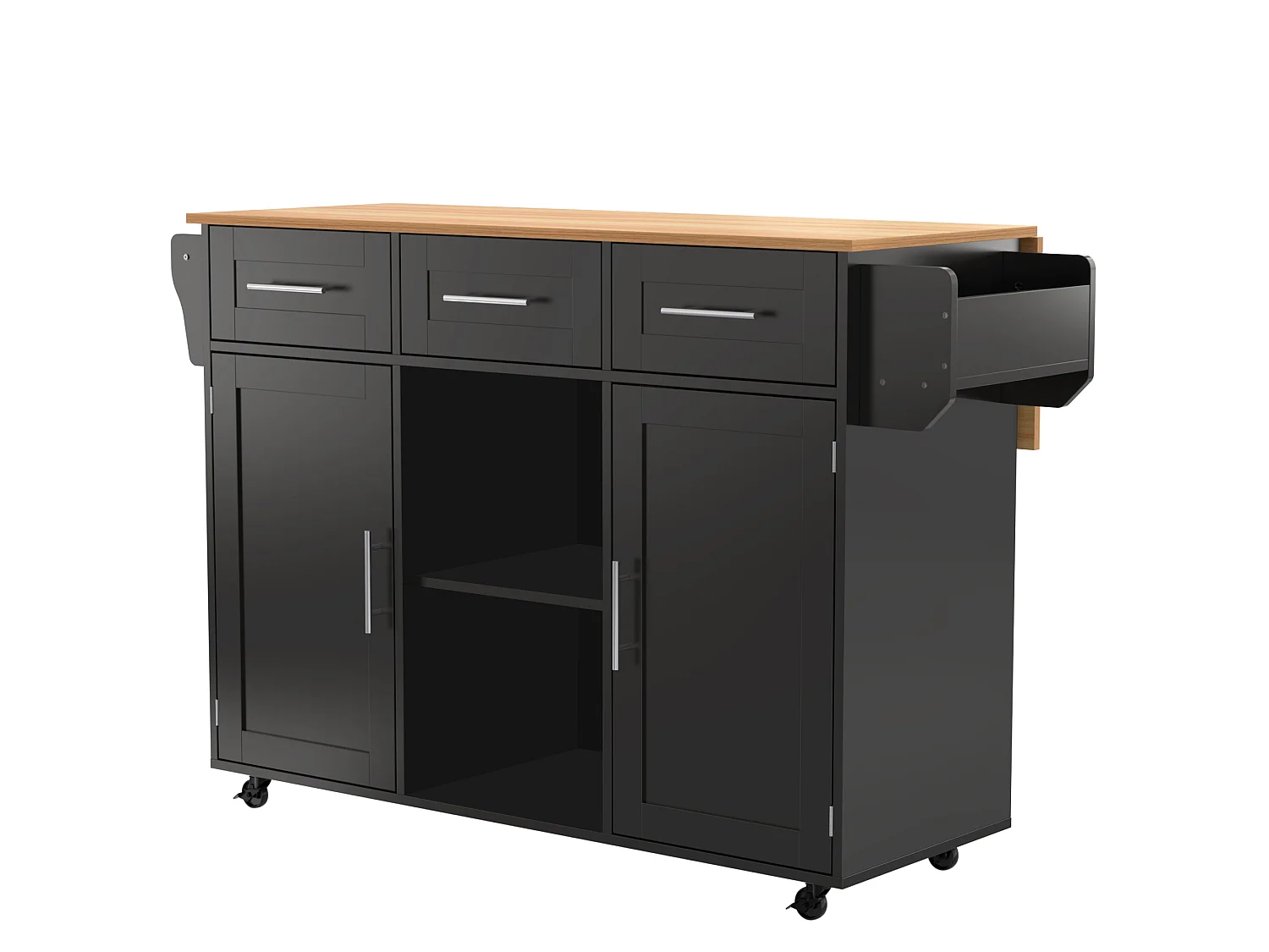 Desserte noire avec plateau en bois, 3 tiroirs et 2 portes - pour salle à manger et cuisine