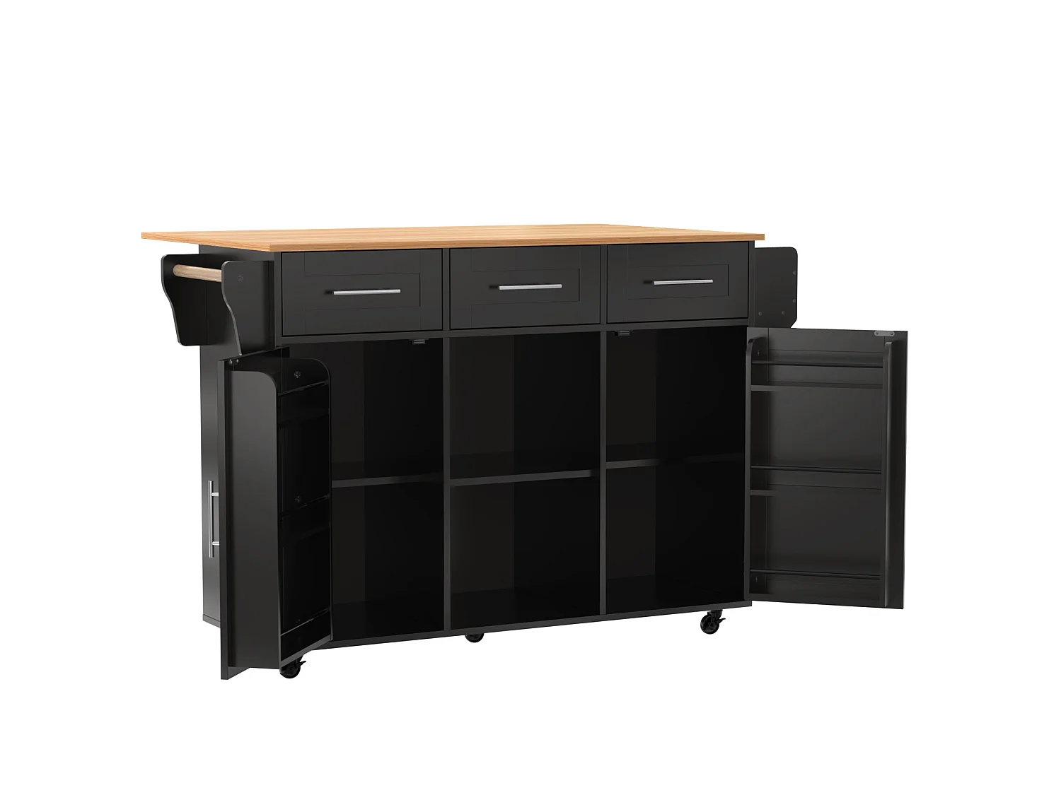 Desserte noire avec plateau en bois, 3 tiroirs et 2 portes - pour salle à manger et cuisine