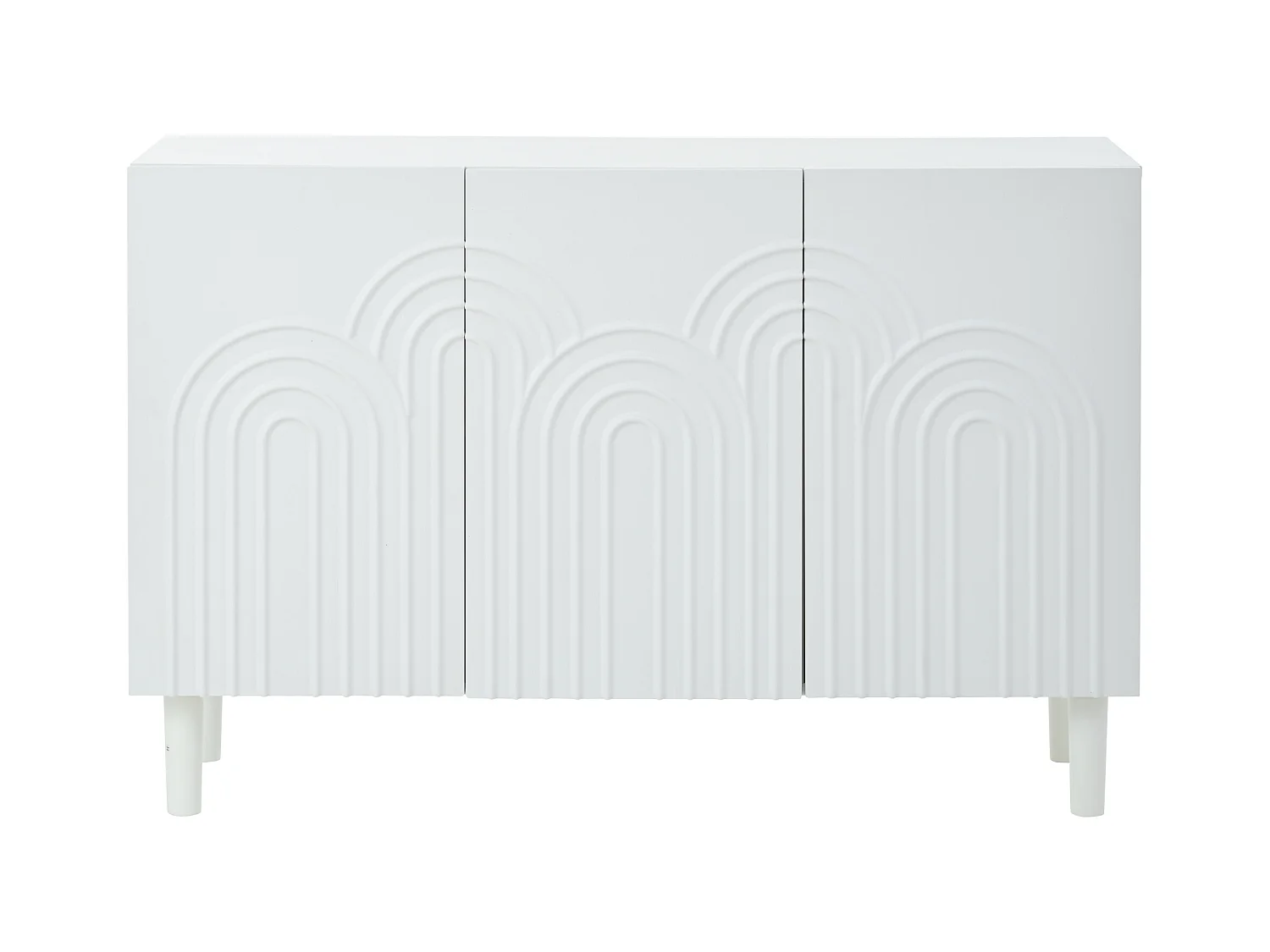 Buffet blanc avec 3 portes texturées et étagères réglables, pieds cylindriques - MDF