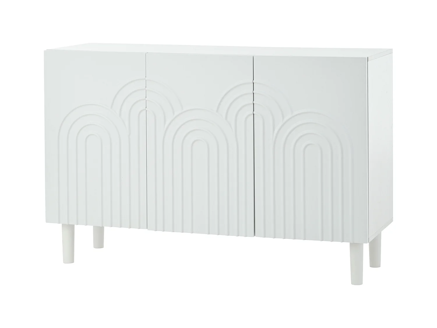 Buffet blanc avec 3 portes texturées et étagères réglables, pieds cylindriques - MDF