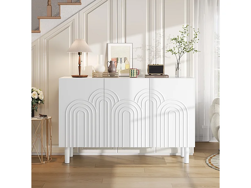 Buffet blanc avec 3 portes texturées et étagères réglables, pieds cylindriques - MDF