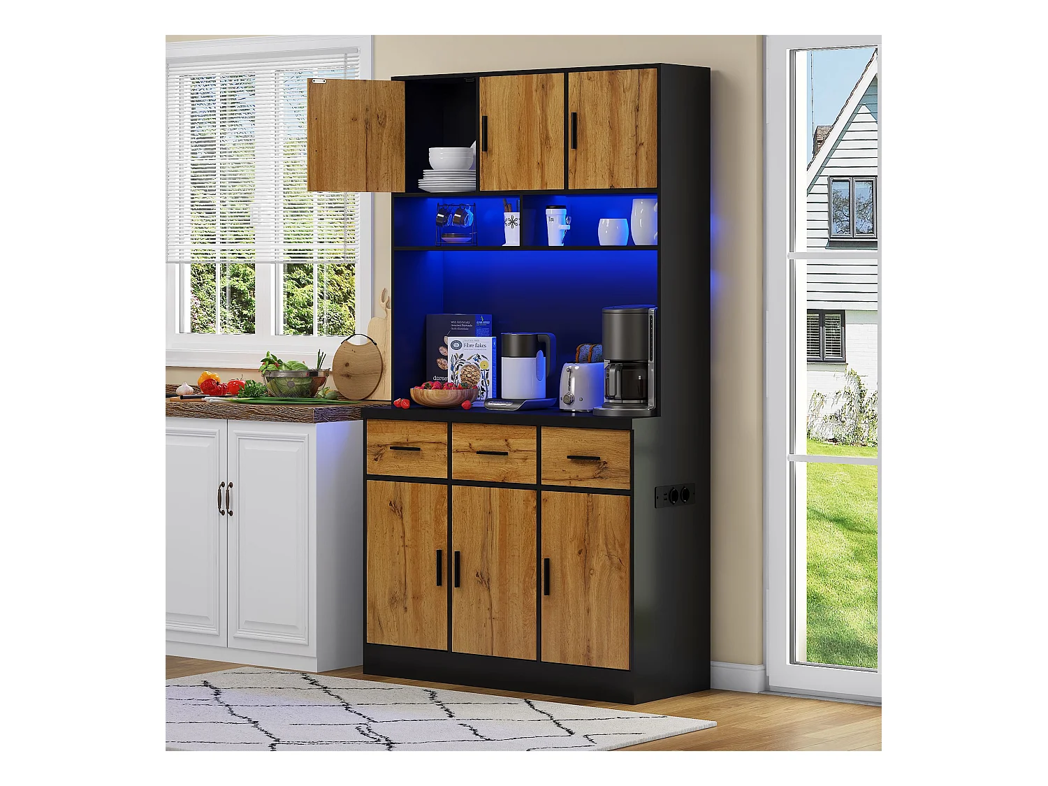 Buffet haut avec éclairage LED, 6 portes en bois et 3 tiroirs de rangement - noir