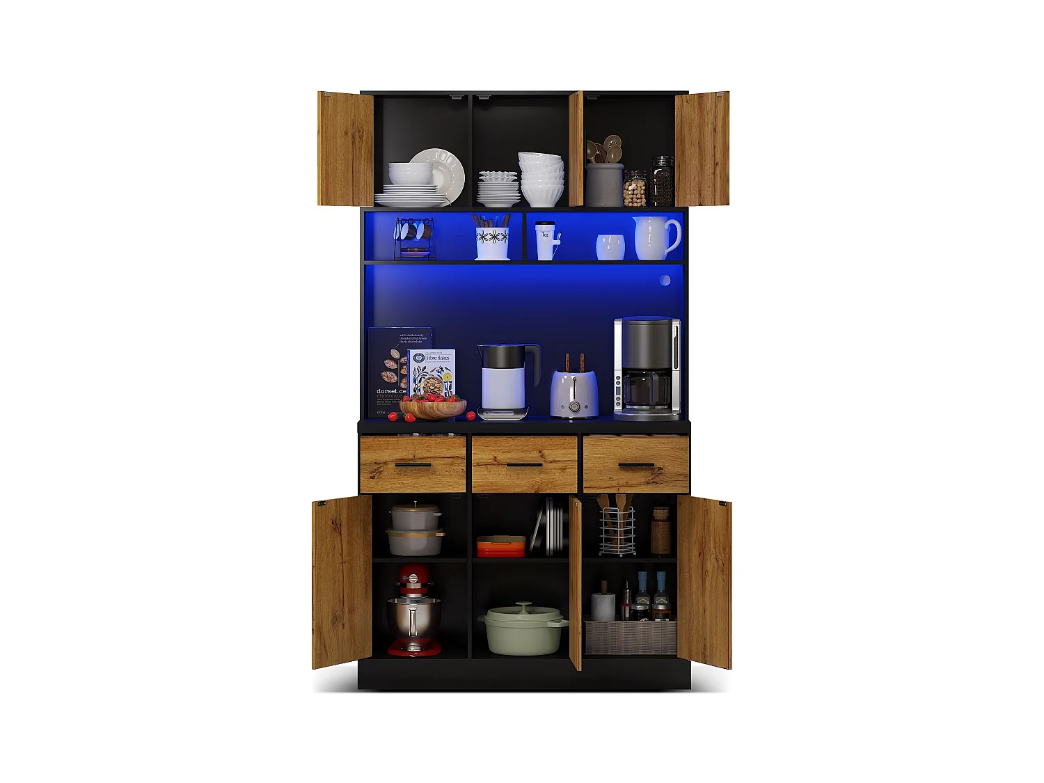 Buffet haut avec éclairage LED, 6 portes en bois et 3 tiroirs de rangement - noir