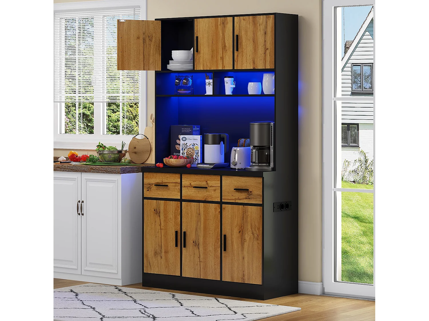 Buffet haut avec éclairage LED, 6 portes en bois et 3 tiroirs de rangement - noir
